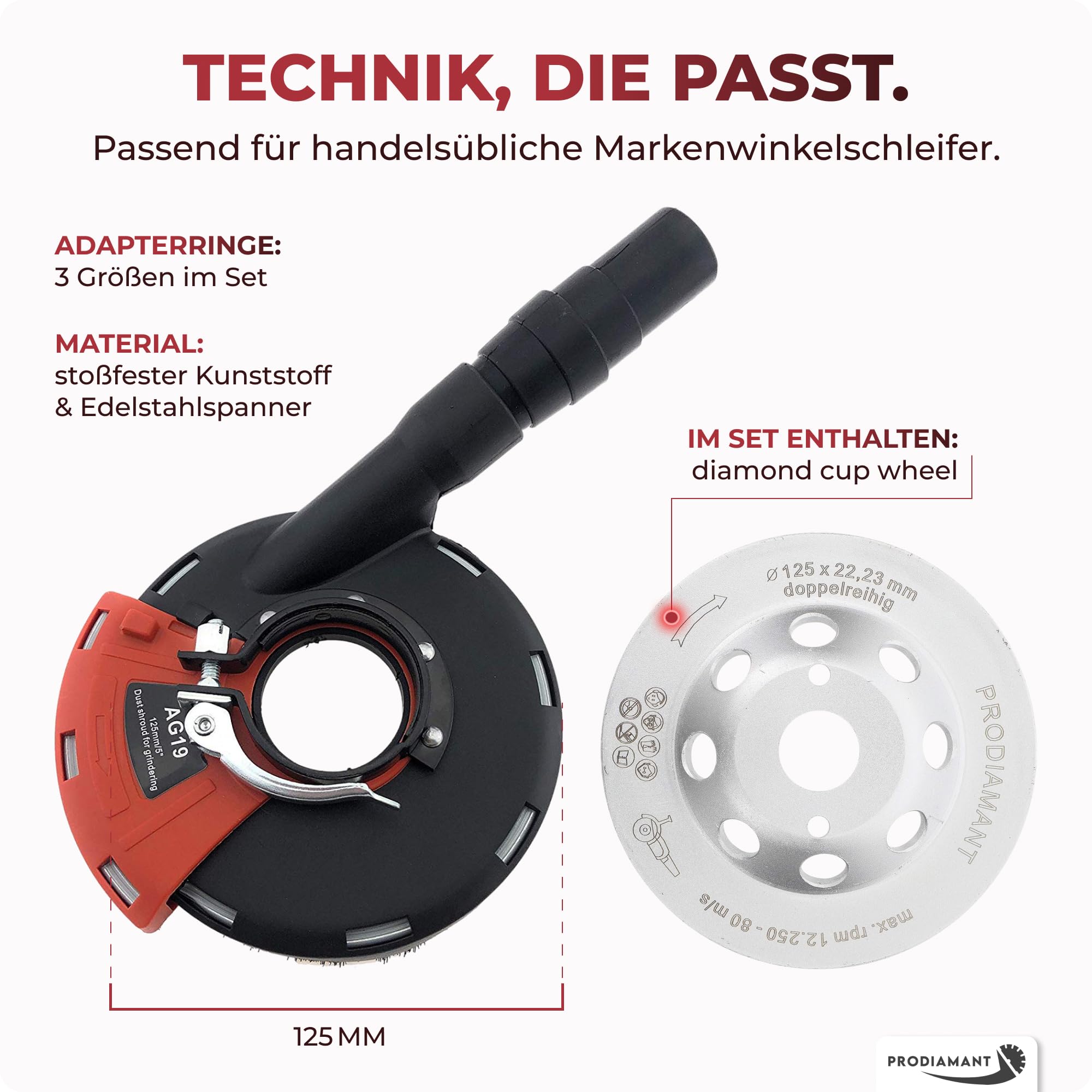 Absaughaube für Winkelschleifer - mit Bürstenkranz - Staubfreies Arbeiten - Premium-Werkzeug mit Diamant-Schleiftopf - 125mm
