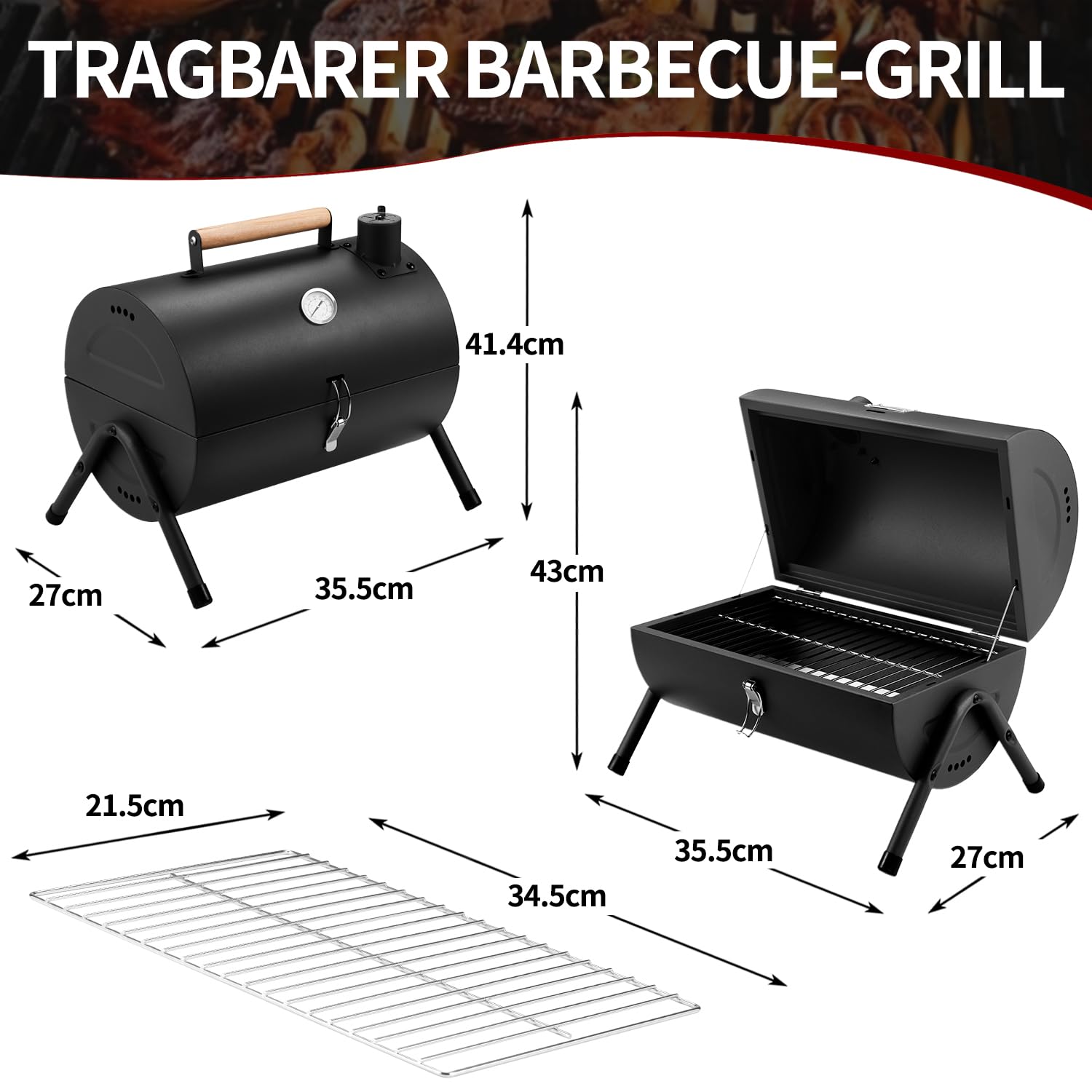 Holzkohlegrill Klein Campinggrill Kleiner Grill Camping Grill Holzkohle Mini Tragbarer Klappgrill Holzkohle für Outdoor Kochen, Picknick, Ideal für Strand, Wohnwagen, Garten, Party Barrel Schwarz
