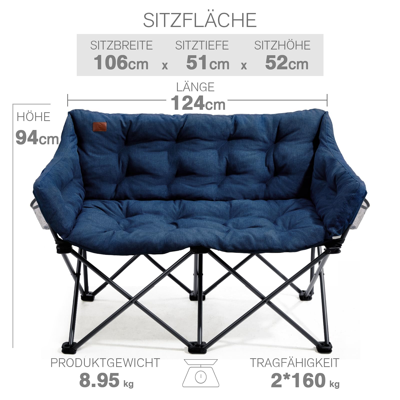 Campingstuhl Faltbar 124CM Breit Campingsofa für 2 Personen Faltsofa 320KG Belastbar, Campingcouch Dick Gepolstert Klappstuhl XXL 2 Sitzer Hohe Lehne für Outdoor Garten Balkon Indoor