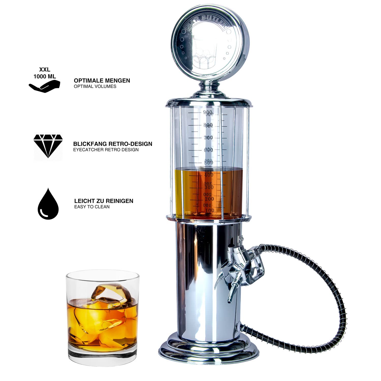 Retro Getränkespender im verchromten Nostalgie Design | Bar-Butler Zapfsäule mit Zapf-Schlauch für Party Getränke Dispenser Biertower Bierspender Zapfanlage Biersäule Schanksäule | Party Gadgets