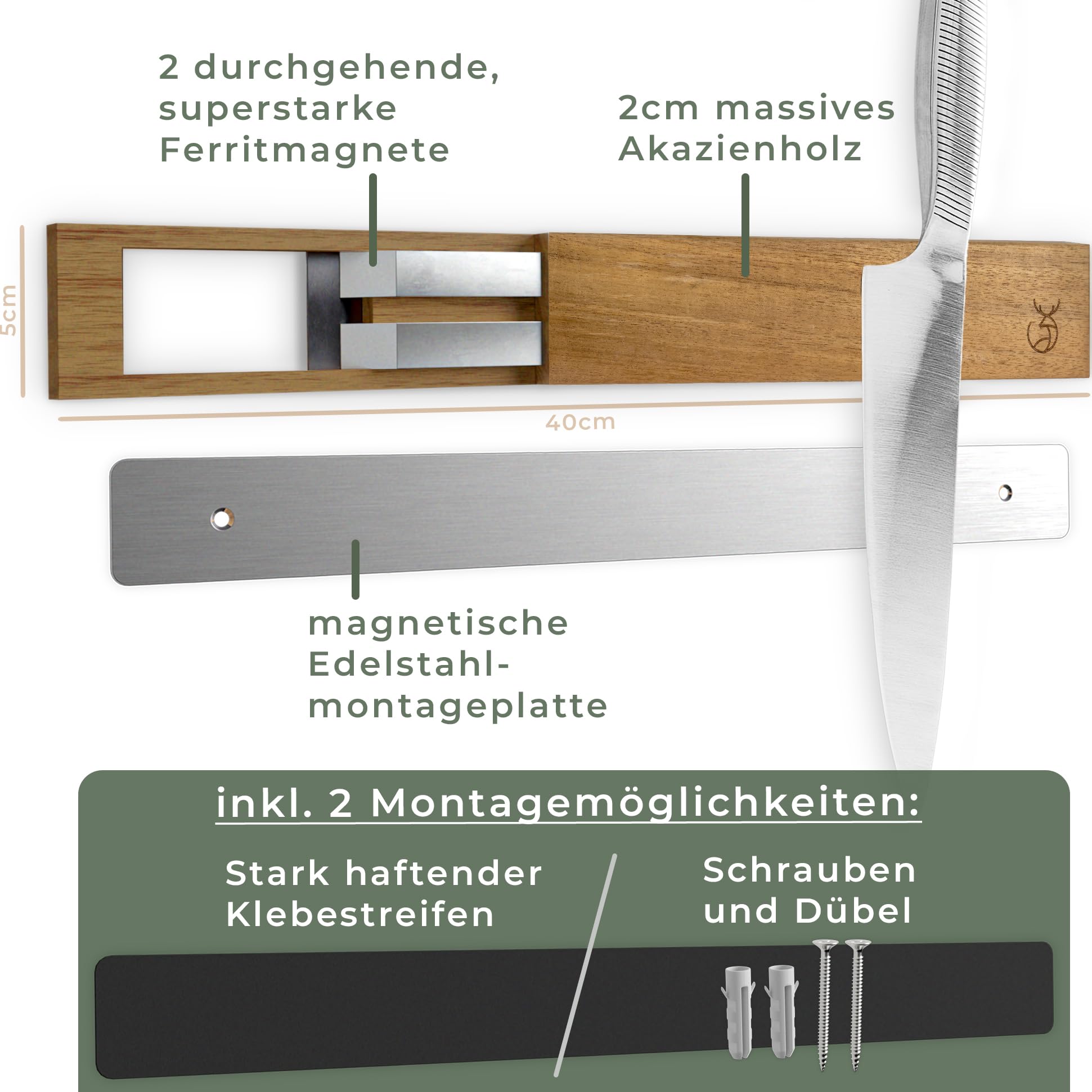 Magnetische Messerstreifen (40 x 5 cm) - Magnetstreifen aus elegantem Akazienholz - Magnetische Messerhalter für schwere Messer - Magnetische Messerstreifen zum Kleben oder Schrauben - Magnetische Messerhalterung