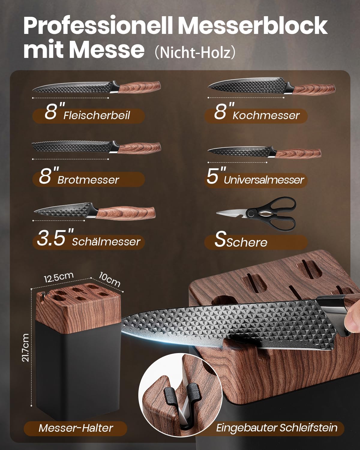 Messerblockset, 7-teiliges scharfes Messerset mit Block, deutsche Klingen aus hochwertigem Edelstahl und ergonomischen Griffen, professionelles Küchenmesserset für den Heimgebrauch