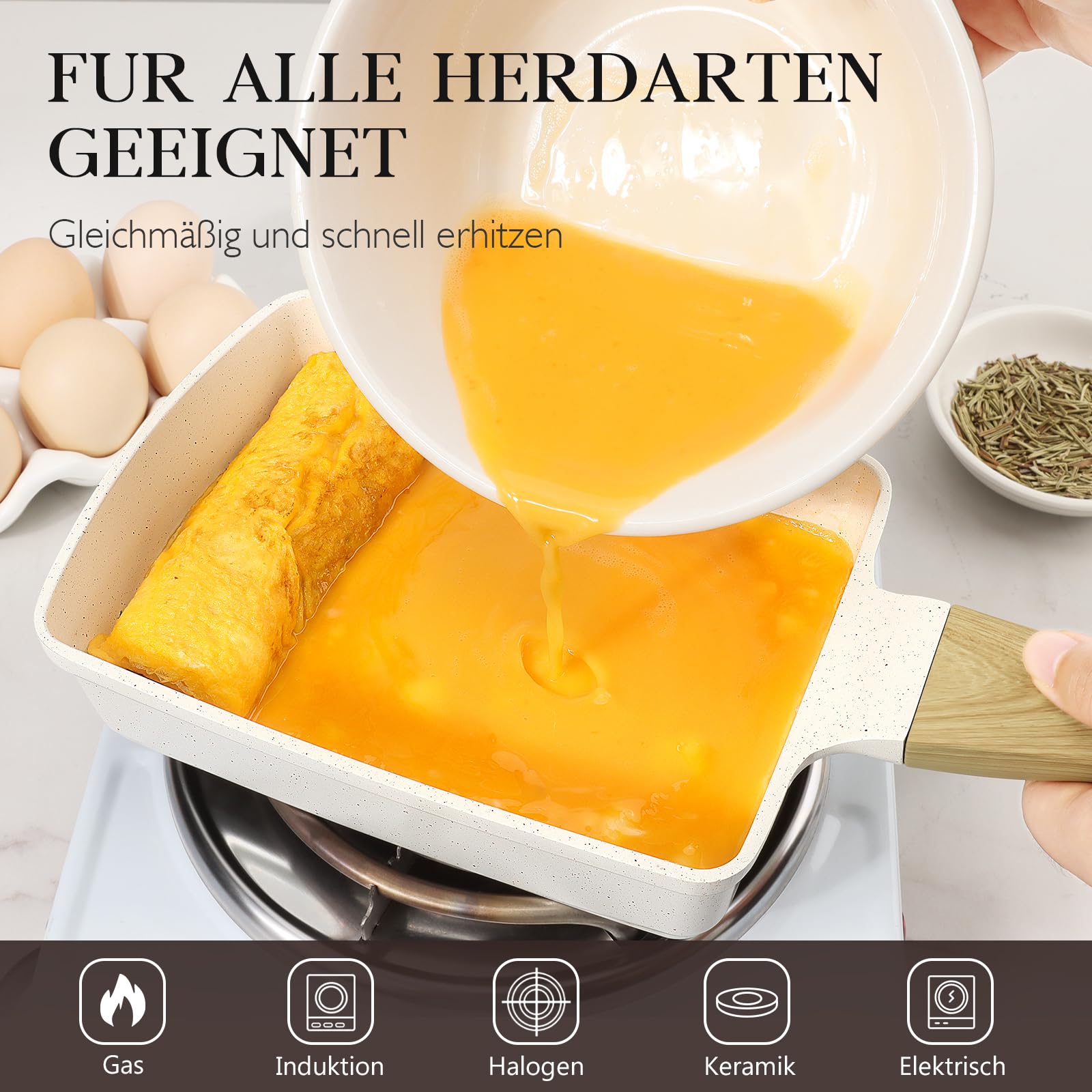 Spiegeleipfanne, 3-Loch Omlettenpfanne, Granit-Antihaftbeschichtung, PFOS/PFOA-Frei Eierpfanne für Gebratenes Frühstück/Eier/Wurst/Speck, Weiß