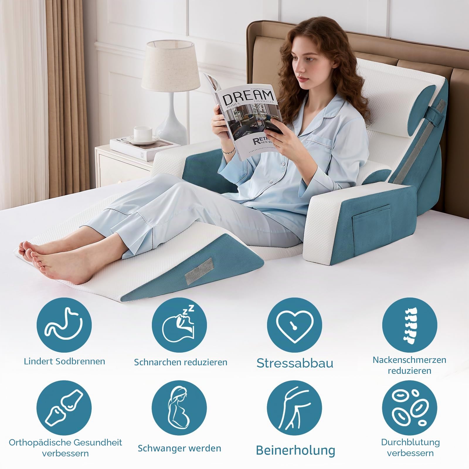 9PCS Orthopädische Bett Keil Kissen Set,Post Chirurgie Schaum Kissen für Körper, Rücken und Beine Schmerzlinderung,Justierbare Stützkissen mit Säure Reflux Bed Wedge Memory Foam Durchgehend dunkelgrau