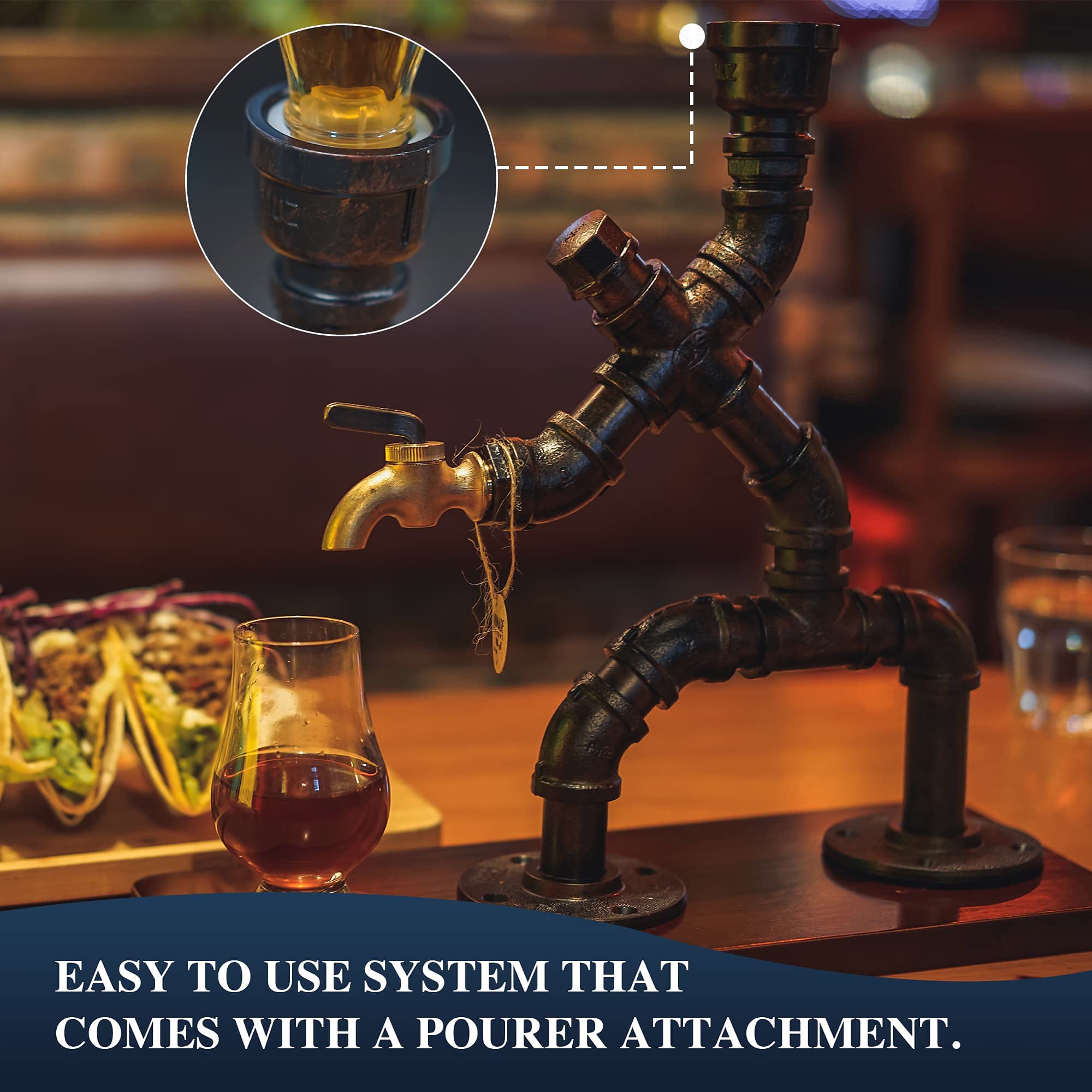 Whiskyspender Silber mit flambiertem Holz – Steampunk Getränkespender aus Metall mit Silikonschlauch – Geschenkidee für Männer & Bar Deko