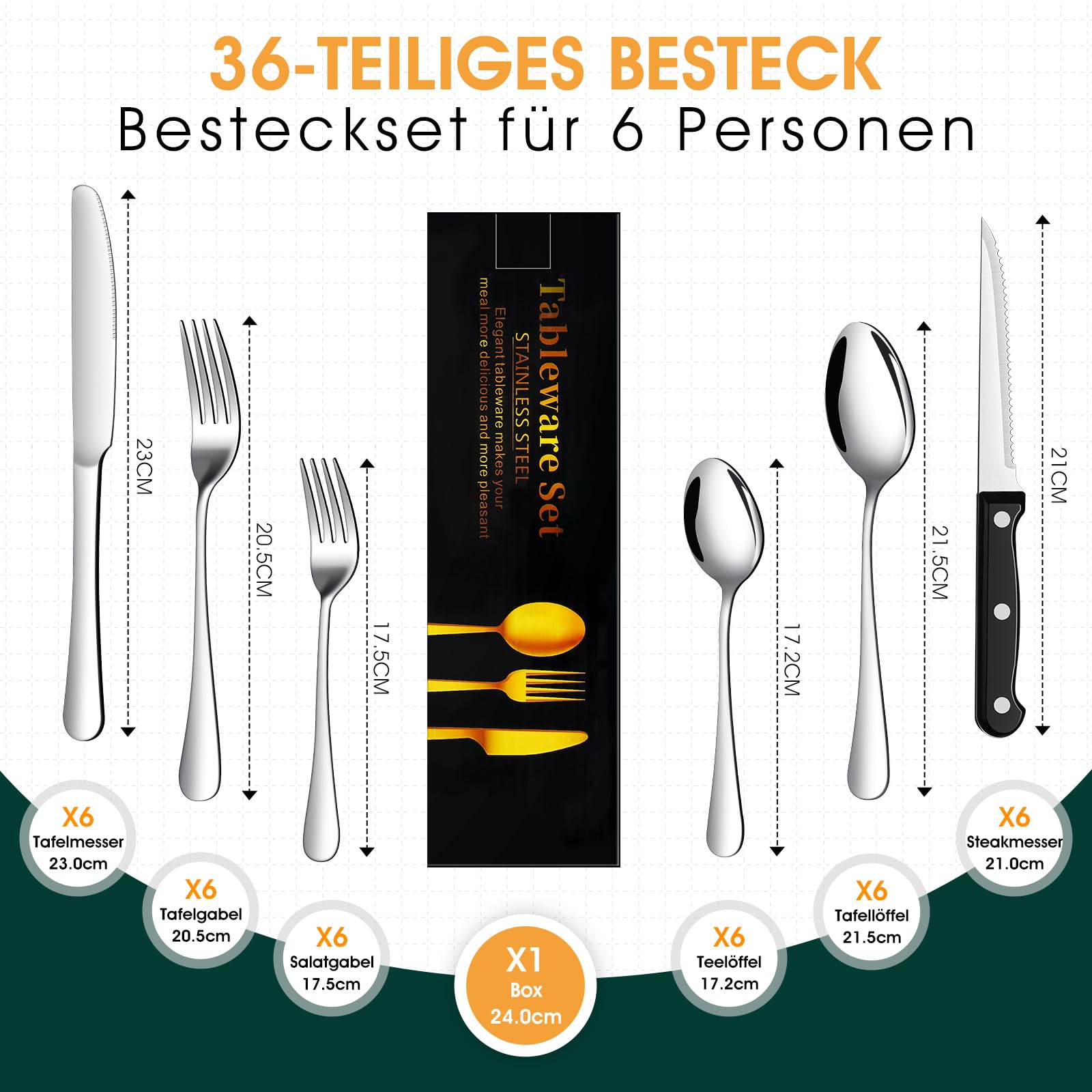 Besteck Set Schwarz für 8 Personen, 48-teiliges Edelstahlbesteckset mit Steakmesser, elegantes Besteck mit Messer, Gabel, Löffel, Besteck für Küche/Restaurant
