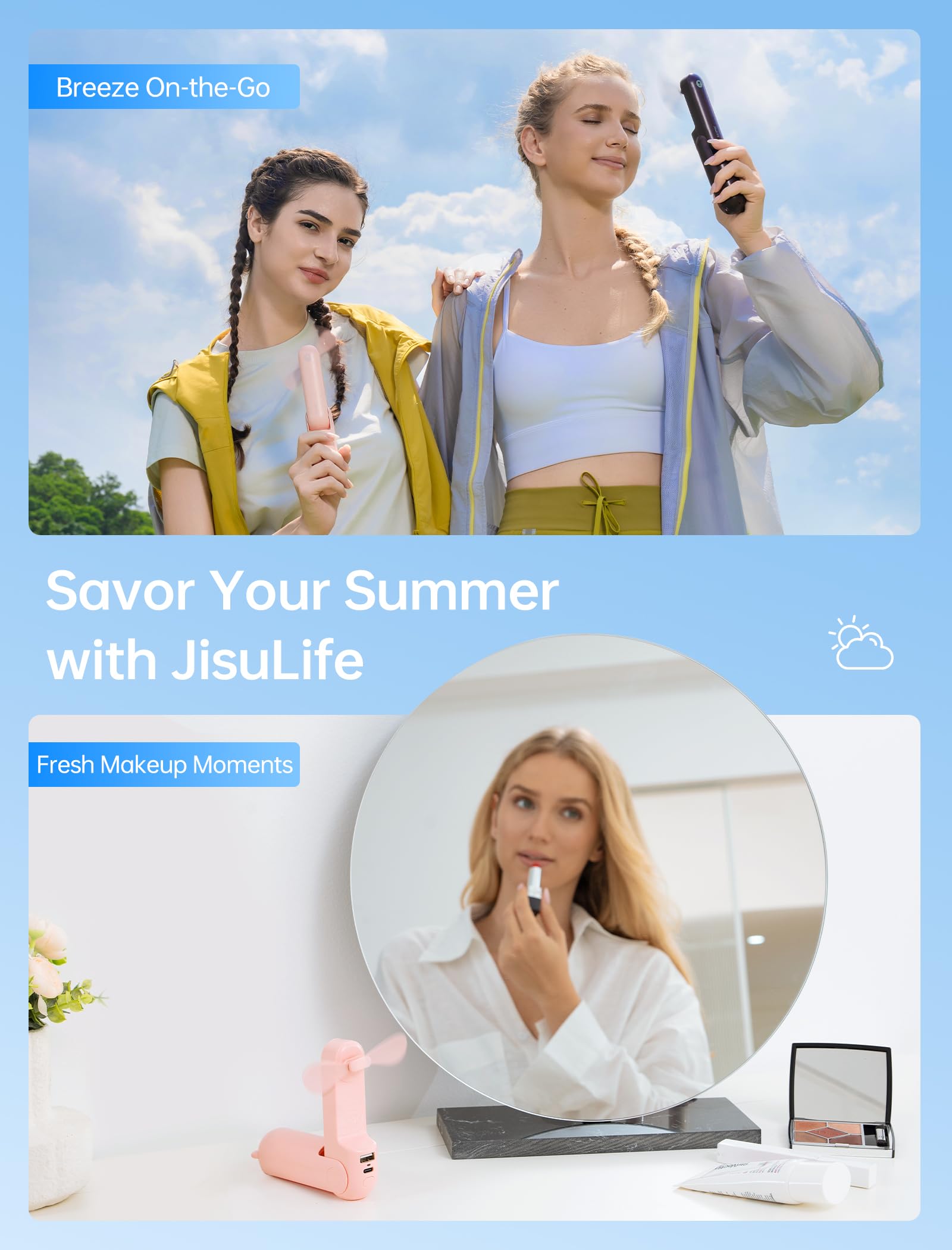 Mini Handventilator, 3-in-1 Handventilator, wiederaufladbarer USB /12–19 Betriebsstunden - mit Powerbank, Taschenlampe, tragbarer Ventilator für Reisen/Sommer, Geschenke für Frauen-Rosa