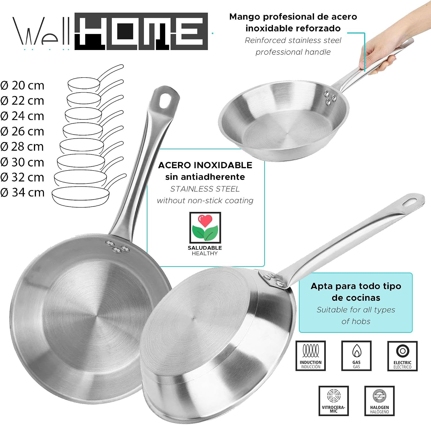 Kochgeschirr-Set, 7-teilig, aus Edelstahl, Ø 20 cm und Ø 24 x 5 cm, induktionsgeeignet, ohne Antihaftbeschichtung