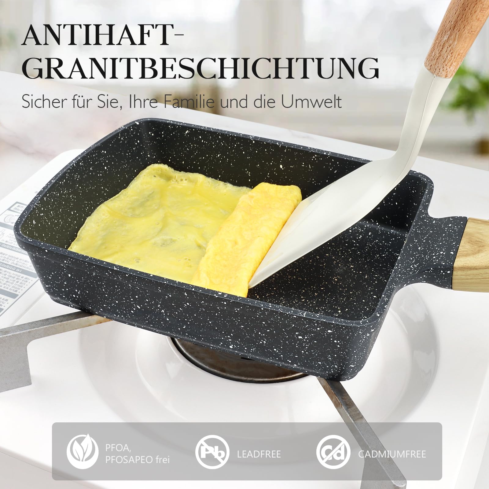 Spiegeleipfanne, 3-Loch Omlettenpfanne, Granit-Antihaftbeschichtung, PFOS/PFOA-Frei Eierpfanne für Gebratenes Frühstück/Eier/Wurst/Speck, Weiß