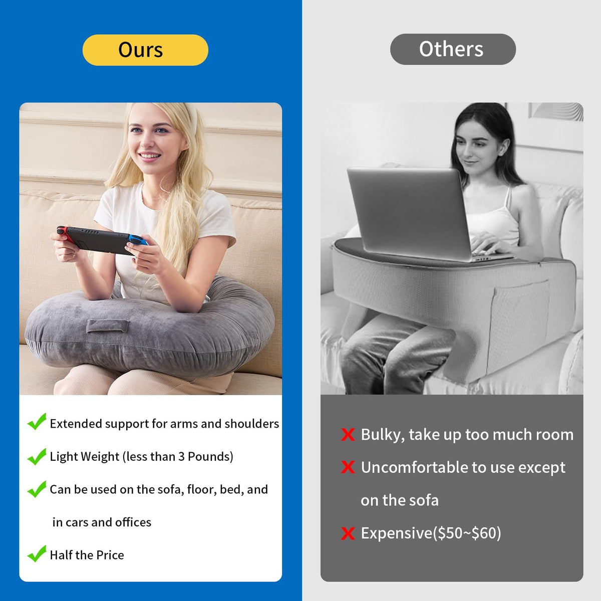 Lesekissen, ergonomische Armstütze zum Spielen, Häkeln, Laptop-Stützkissen zum Sitzen im Bett & Sofa, Haltungskorrektur-Kissen für den Schoß, Samtbezug waschbar (Soft Grau)