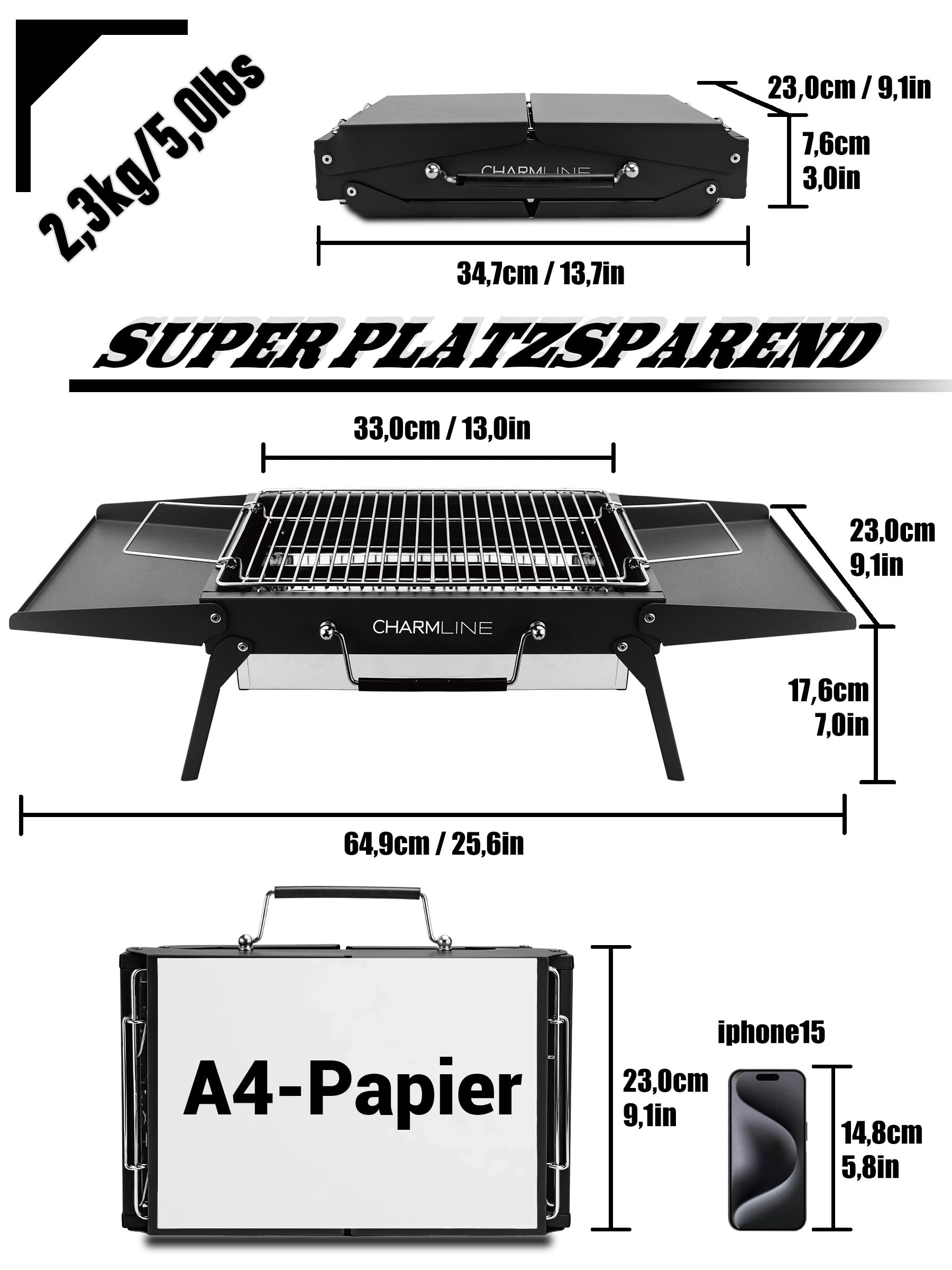 Tragbarer Holzkohlegrill, Klappbarer Campinggrill 35 x 23 cm für 1–3 Personen, Mini BBQ Grill für Balkon, Garten, Camping, Picknick und Strand