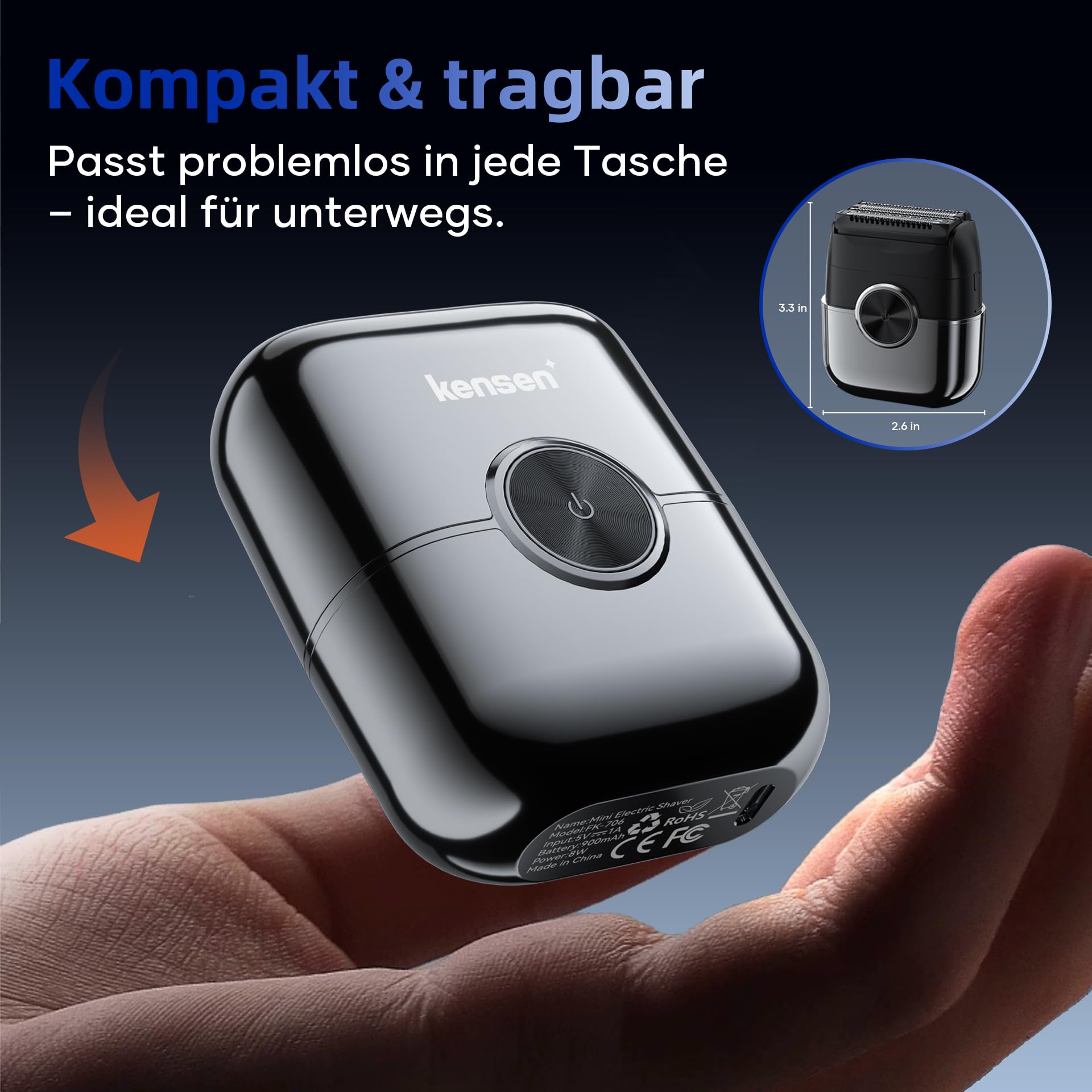Elektrorasierer Herren, kensen Mini Foil Shaver Mit 4 Flexiblem Scherkopf Rasierapparat Usb-C Elektrischer Rasierer Wasserdicht Folienrasierer 120Min Trockenrasierer Tragbar für Bart Gesicht Reise