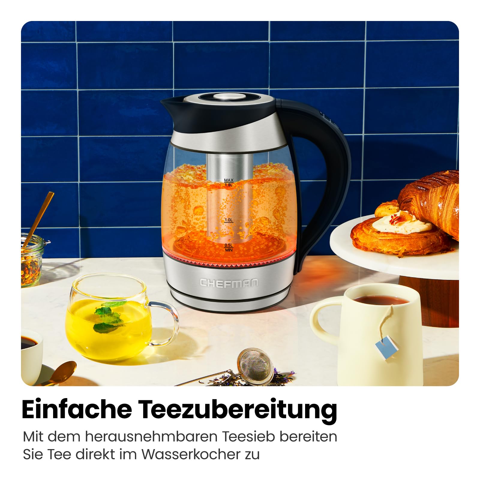 Elektrischer Wasserkocher Glas mit Teesieb, 1.8 Liter, LED-Anzeige / BPA-Frei, 2200 Watt, Edelstahl