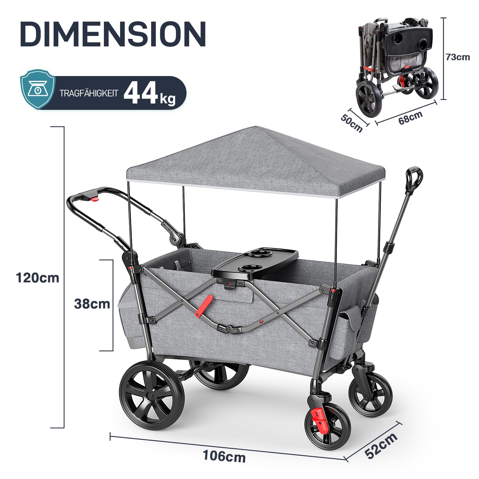 Bollerwagen für 2 Kinder Faltbar mit Dach, Kinderwagen 2x5 Punkt Sicherheitsgurt mit Wickelrucksack, Bollerwagen mit Sitz, Handwagen Transportwagen, Ziehen & Schieben, Fußbremse