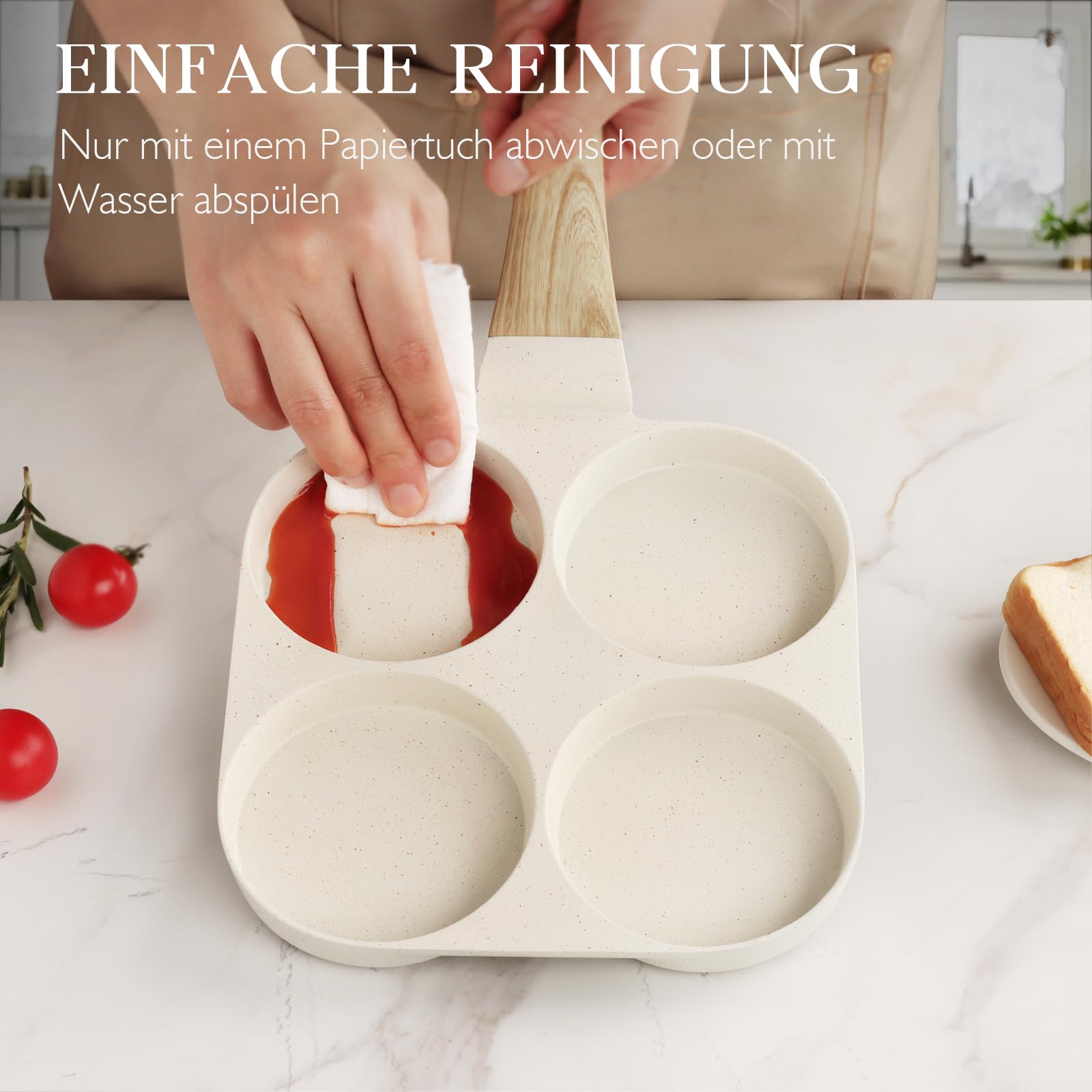 Spiegeleipfanne, 3-Loch Omlettenpfanne, Granit-Antihaftbeschichtung, PFOS/PFOA-Frei Eierpfanne für Gebratenes Frühstück/Eier/Wurst/Speck, Weiß