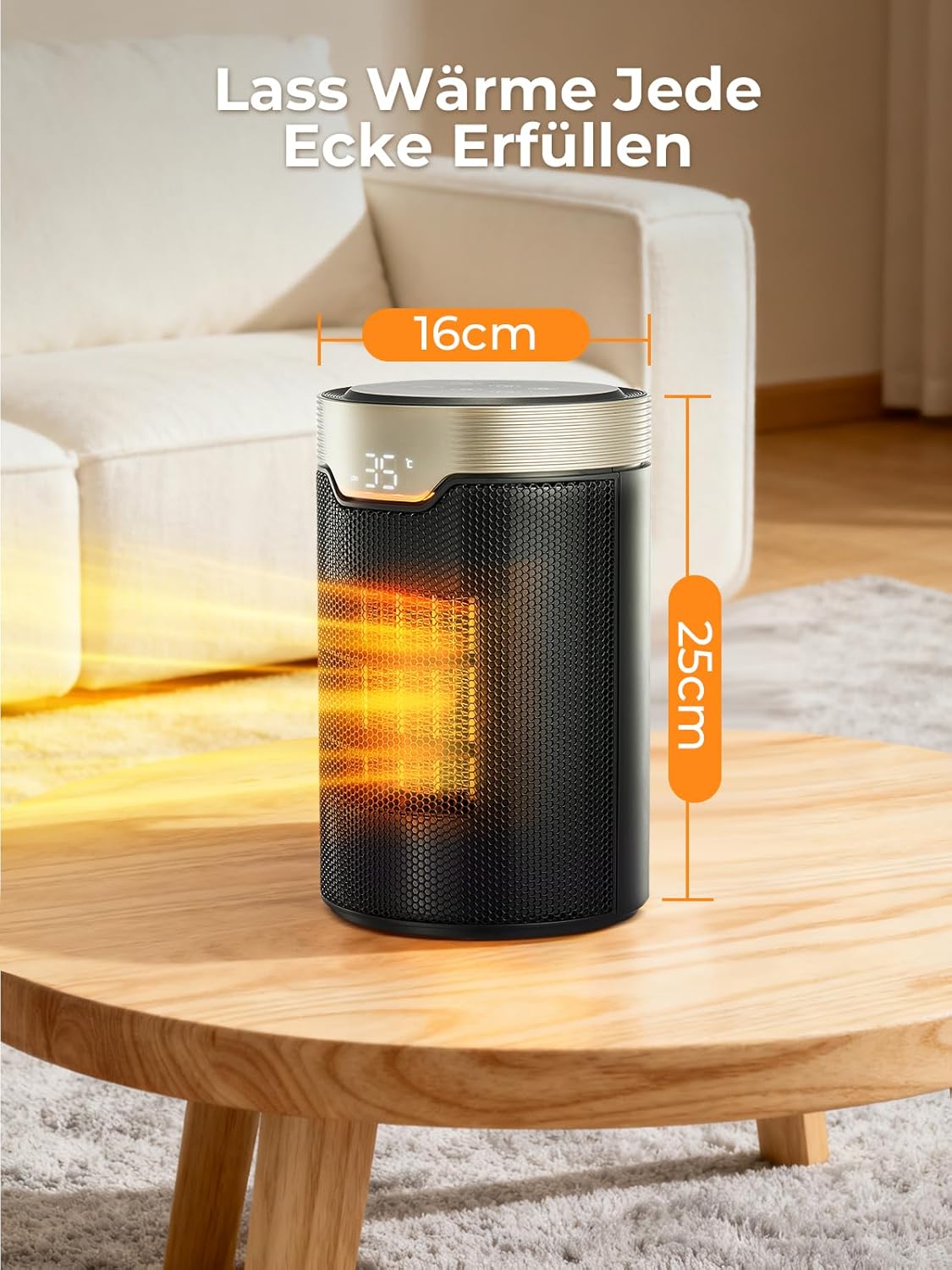 Heizlüfter Energiesparend, 24 Std Timer 32 dB Leiser 1500W PTC Keramik Elektrischer Heizlüfter mit Thermostat, Überhitzungs- & Kippschutz, Elektroheizung für Räume Schlafzimmer, ECO-Modus, Glod