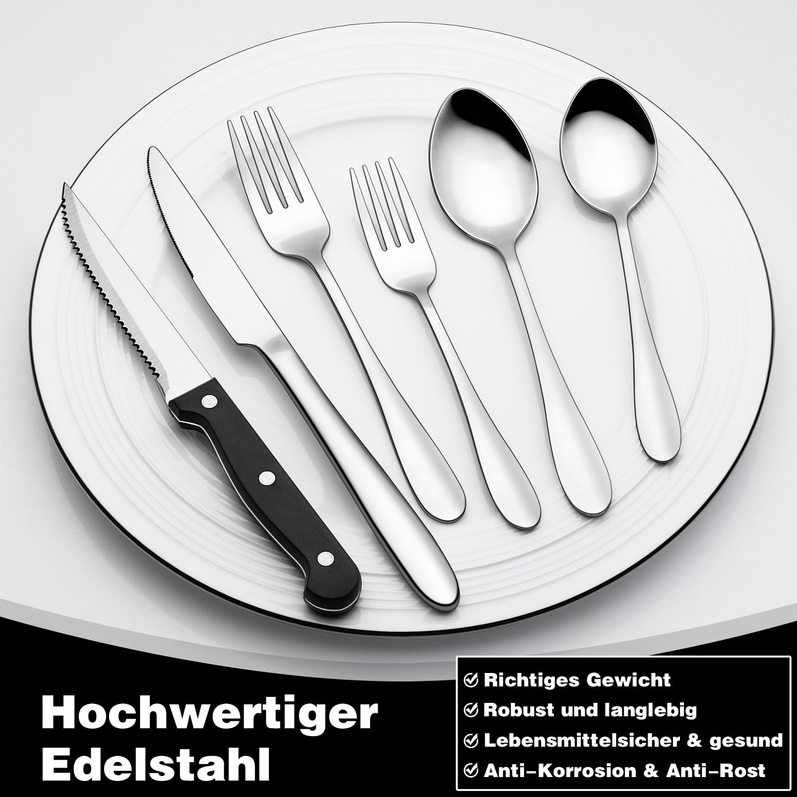 36-teiliges Besteckset aus Edelstahl mit Steakmesser, Besteckset für 6 Personen, elegantes Besteckset mit Messer, Gabel, Löffel, Besteck für Zuhause/Party/Restaurant, Geschirrspüler geeignet
