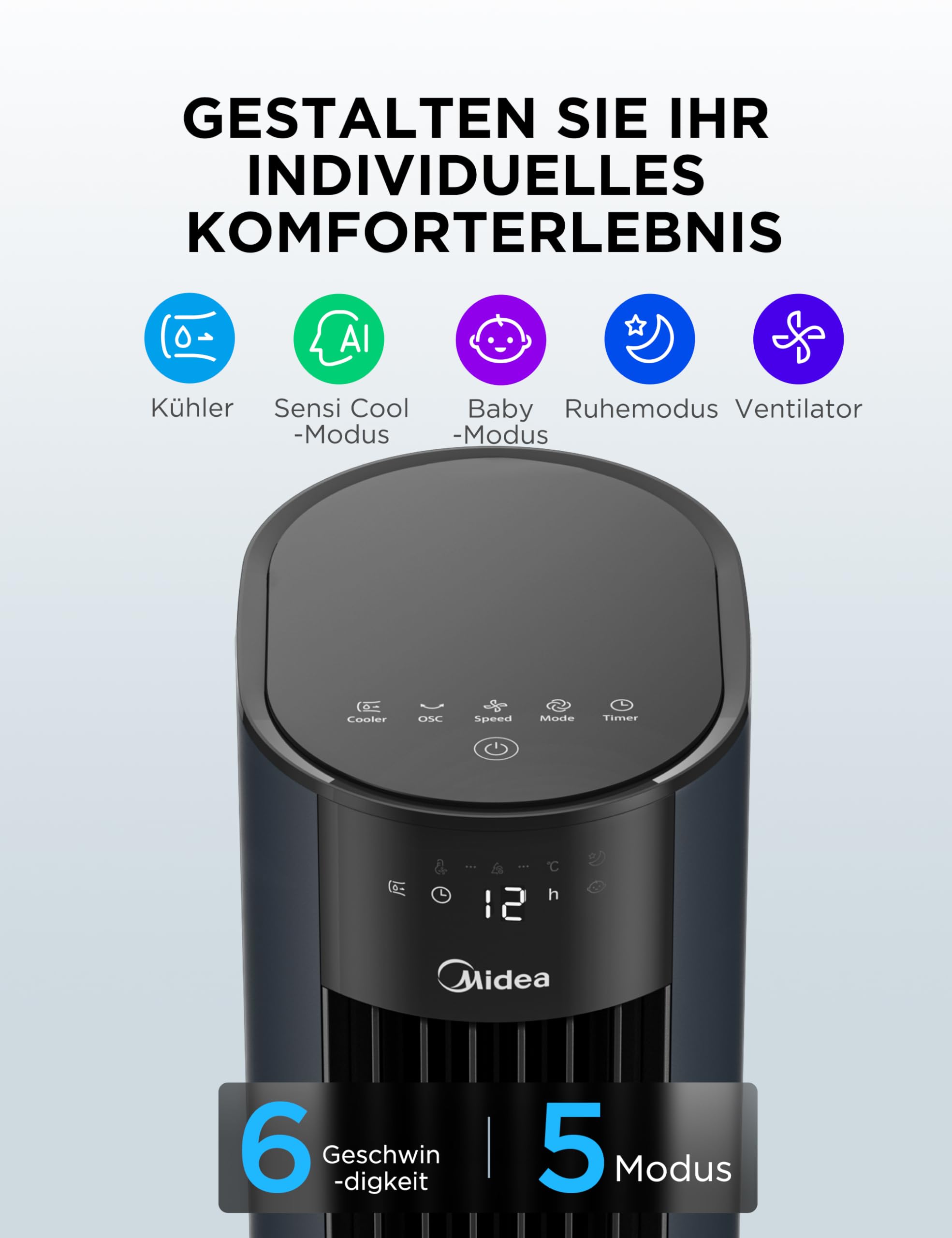4-in-1 Mobile Klimaanlage Leiser:Luftkühler,Turmgebläse,Luftbefeuchter und Luftreiniger,mit Fernbedienung,5L Wassertank,355m³/h Luftdurchsatz,55W,LED-Display,Timer,Weiß