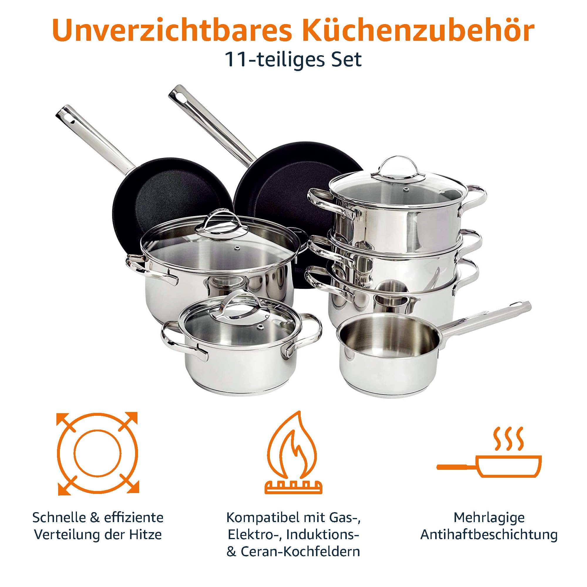 Ensemble de casseroles en acier inoxydable - Batterie de cuisine à induction avec couvercles / Liquidation