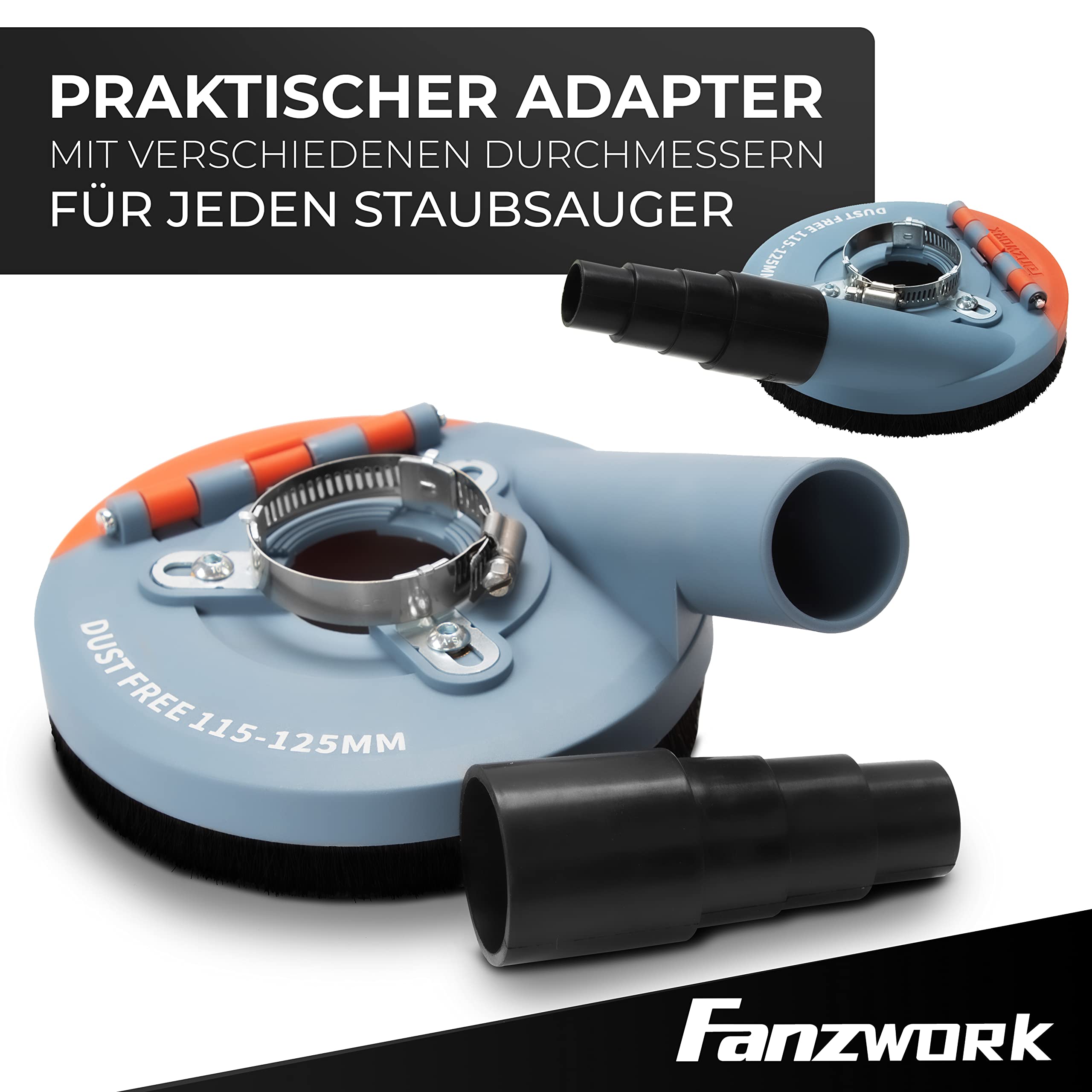 Absaugaufsatz Absaughaube für Winkelschleifer inkl. 125 mm Diamantschleiftopf PROFI QUALITÄT – Bürsten auswechselbar – 99% universal passend – verstärkter Adapterring – M14 Adapter