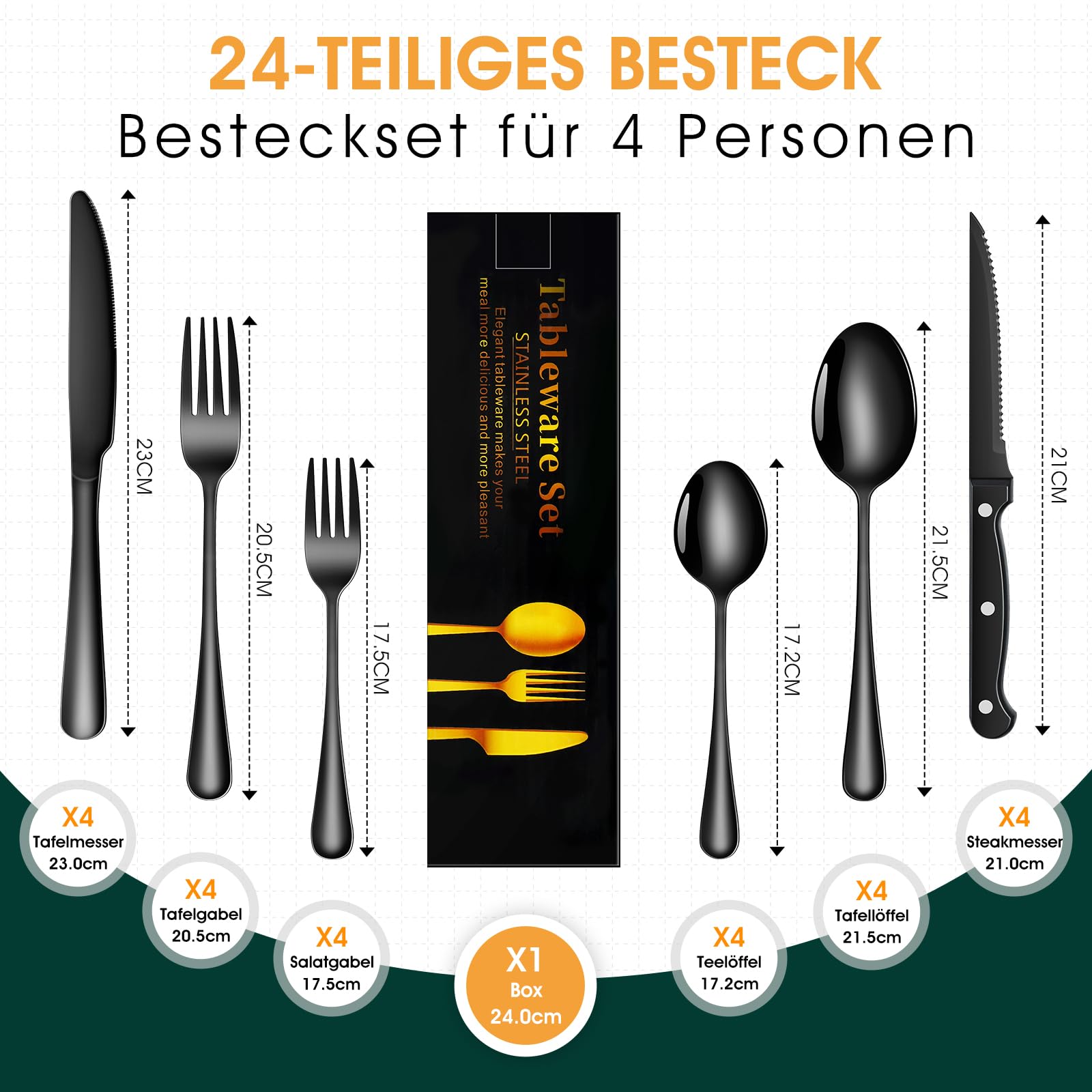 Besteck Set Schwarz für 8 Personen, 48-teiliges Edelstahlbesteckset mit Steakmesser, elegantes Besteck mit Messer, Gabel, Löffel, Besteck für Küche/Restaurant