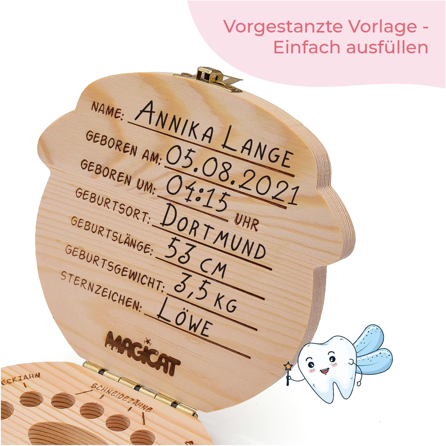 Milchzahndose Mädchen, Zahndose aus Holz, Dose zur Aufbewahrung von Milchzähnen, Baby Milchzähne Box als Geschenk zum Geburtstag oder Taufe, inkl. Pinzette und Zahnfee Geschichte