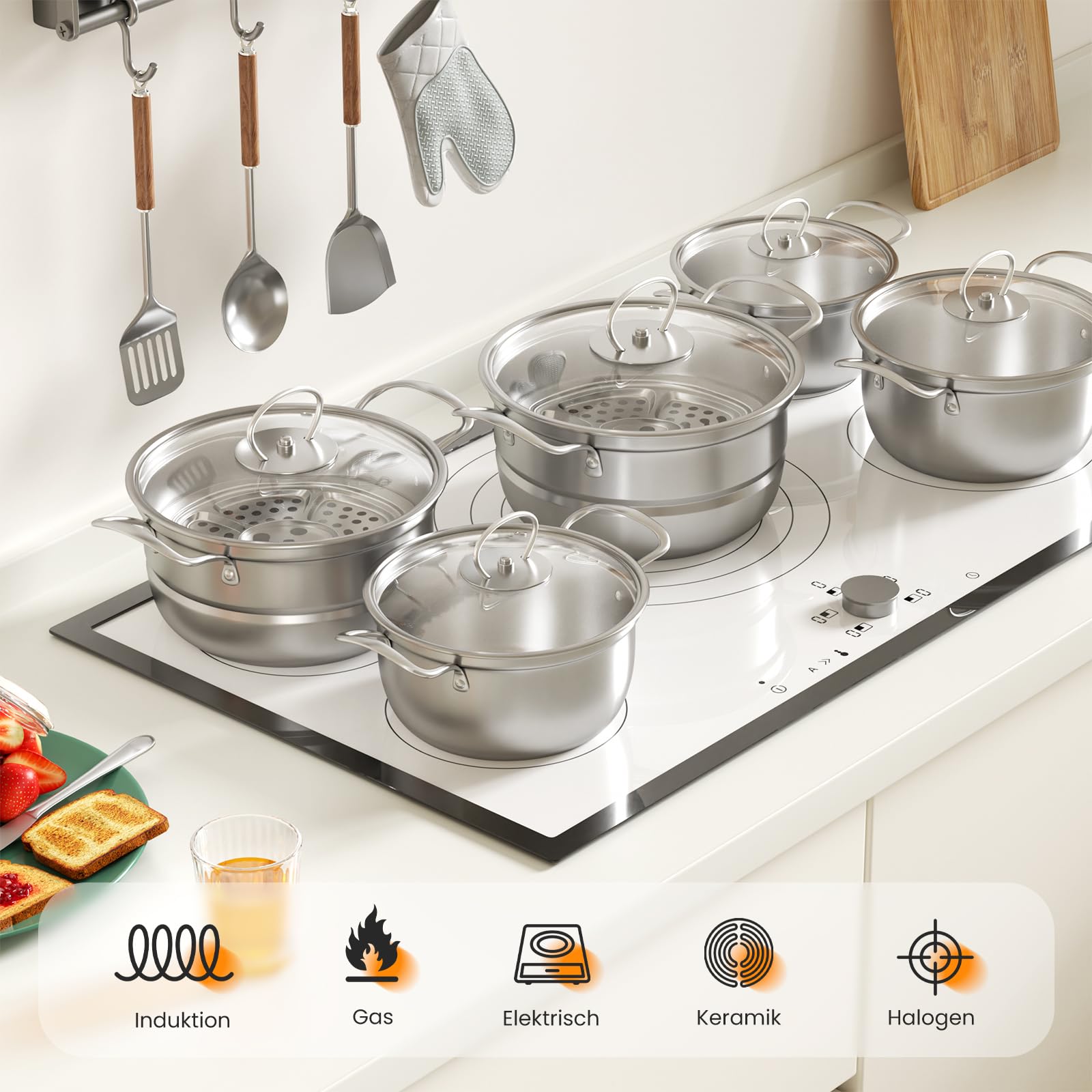 Edelstahl Saucepan Set, 12-teilige Töpfe Set mit Dampfer und Löffel, großes Kochgeschirr, Induktionskochtopf Set, Töpfe Set