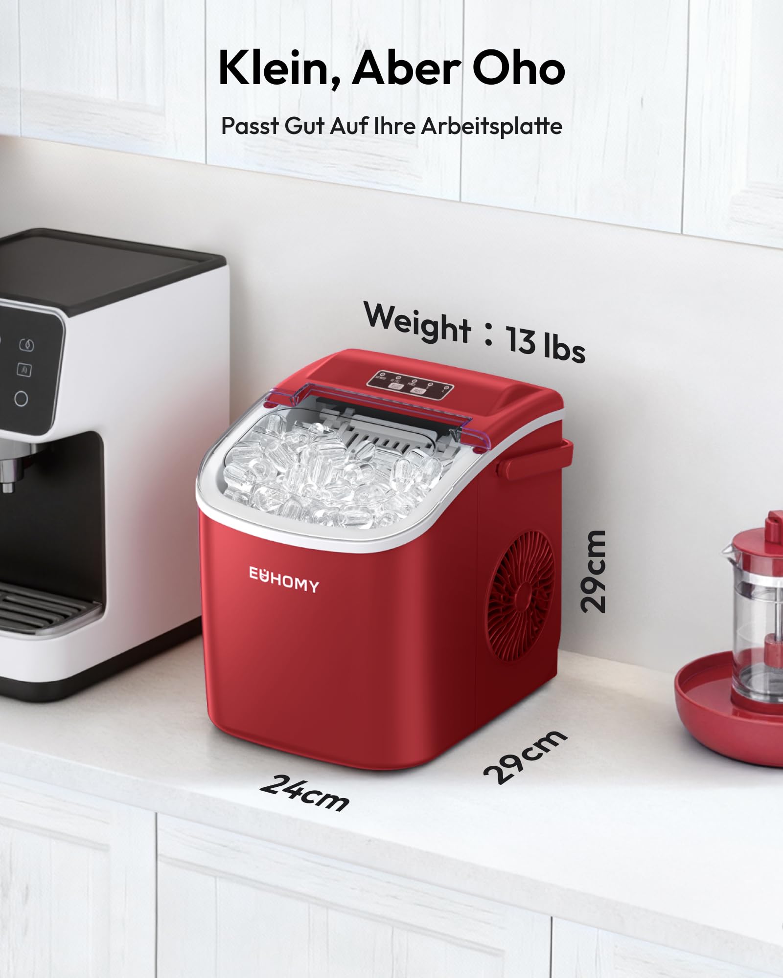 Eiswürfelmaschine Klein, 9 Eiswürfel in 6 Minuten, 12 kg/24H, Eiswürfelmaschine Edelstahl mit Tragbarem Griff, Selbstreinigender Kompakter Eiswürfelmaschinen für Zuhause/Küche/Büro/Bar