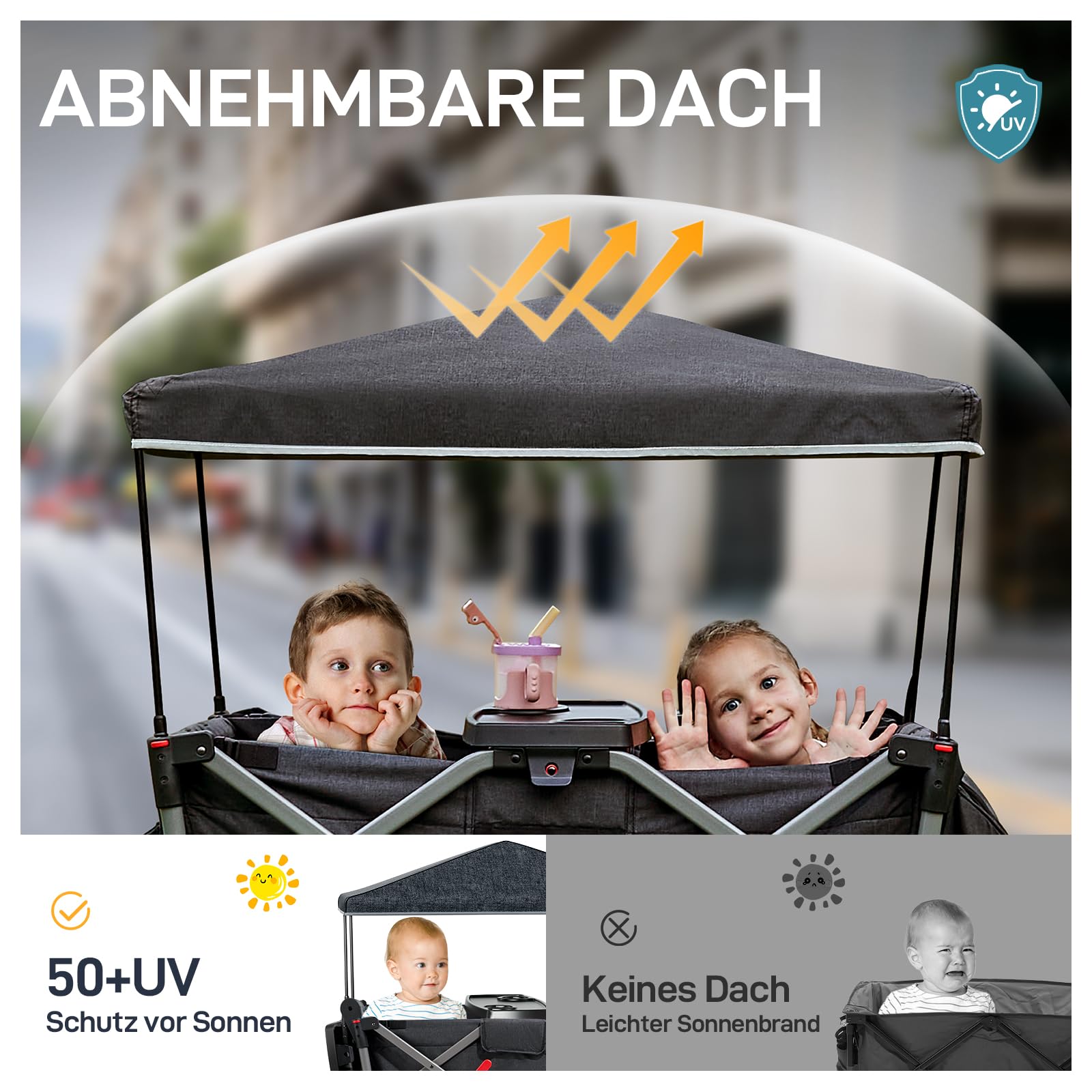 Bollerwagen für 2 Kinder Faltbar mit Dach, Kinderwagen 2x5 Punkt Sicherheitsgurt mit Wickelrucksack, Bollerwagen mit Sitz, Handwagen Transportwagen, Ziehen & Schieben, Fußbremse