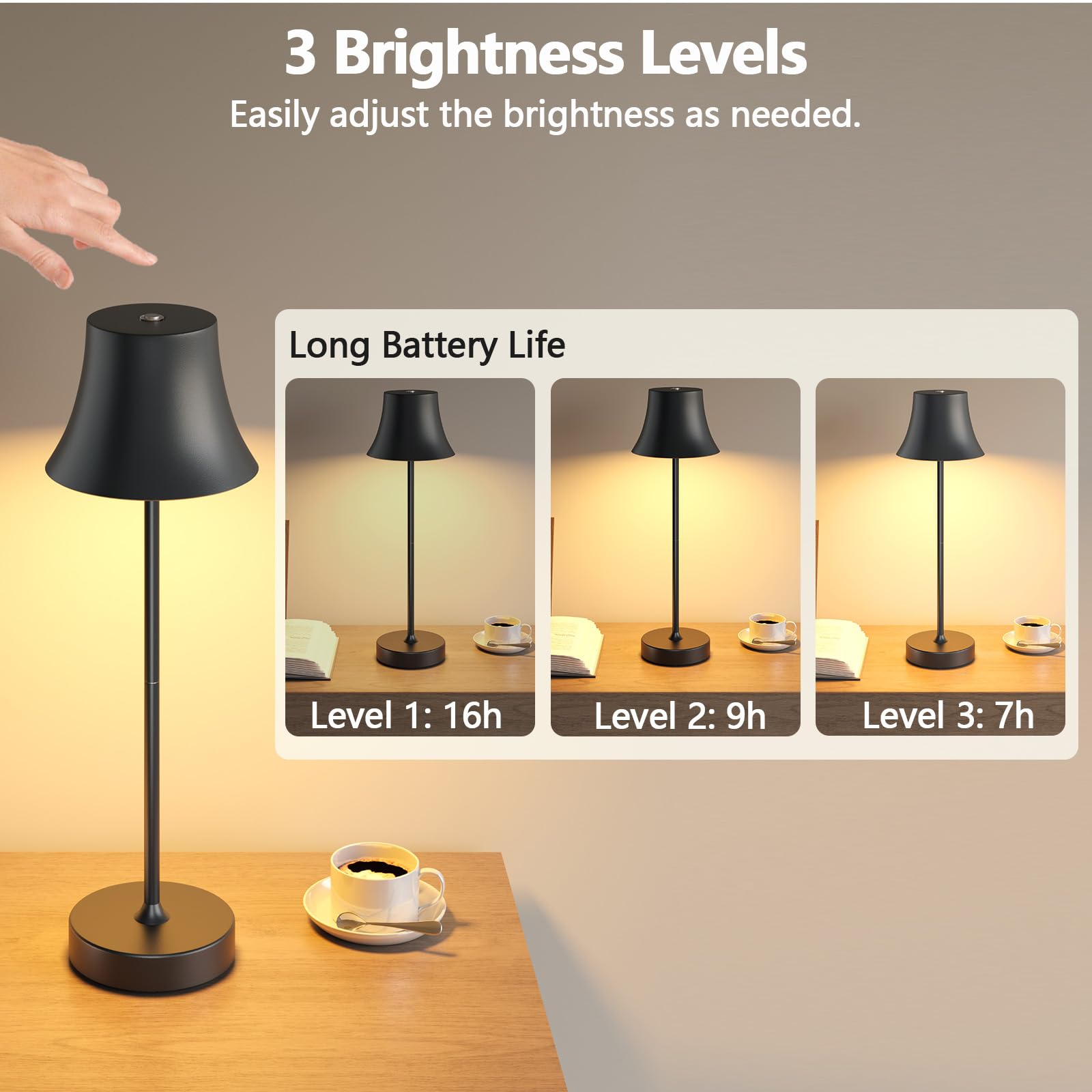 LED Tischlampe Wireless Dimmbare Nachttischlampe Touch, Batterie Tischlampe Wireless, Indoor Aussentischlampe Batterie, 3-Level Warmes Licht, IP54 Wasserdicht, Vollmetallgehäuse