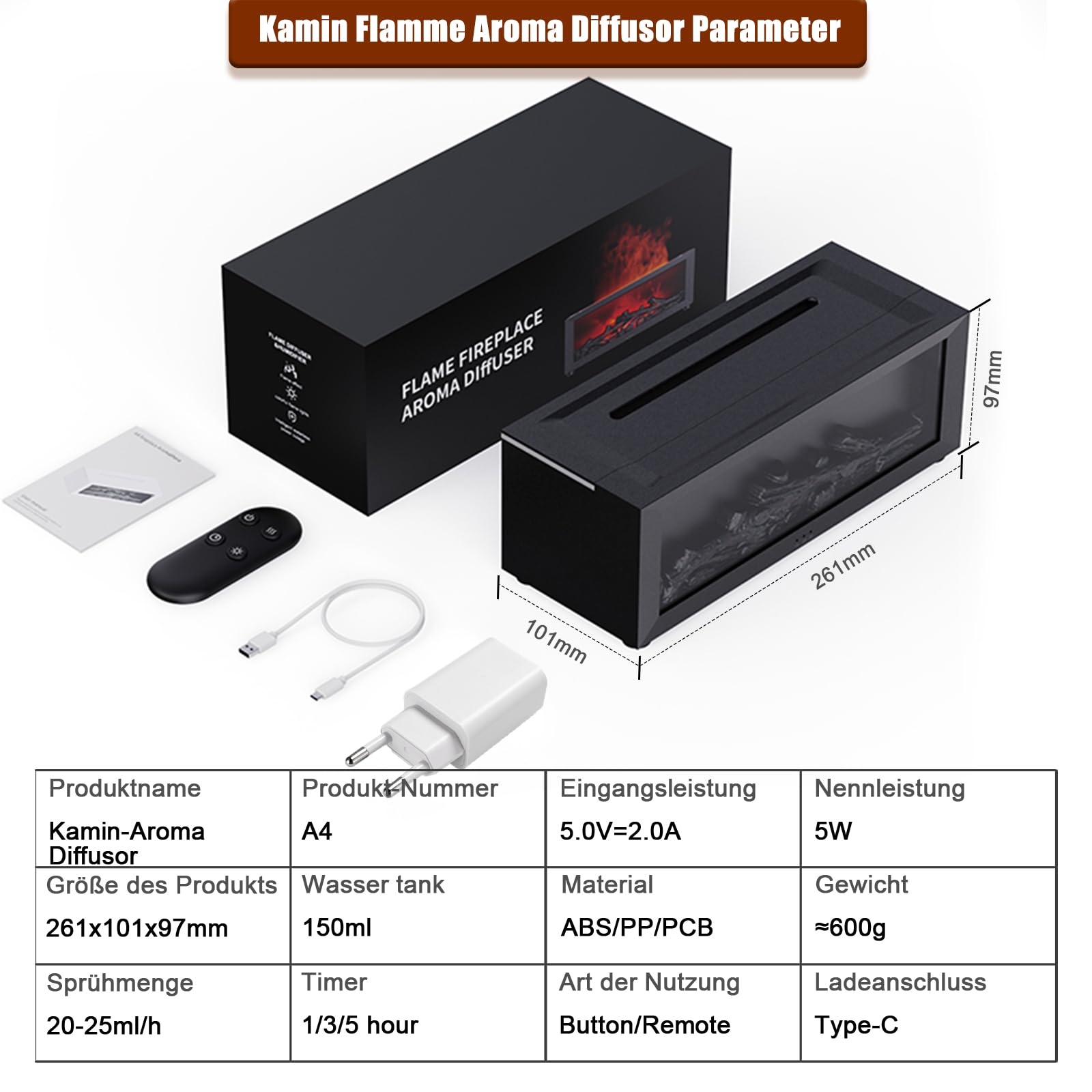 Aroma diffuser with LED chimney, fragrance oil diffuser for essential oils with 7-color light flame effect, 150 ml humidifier with remote control, 4 timers, waterless automatic shut-off