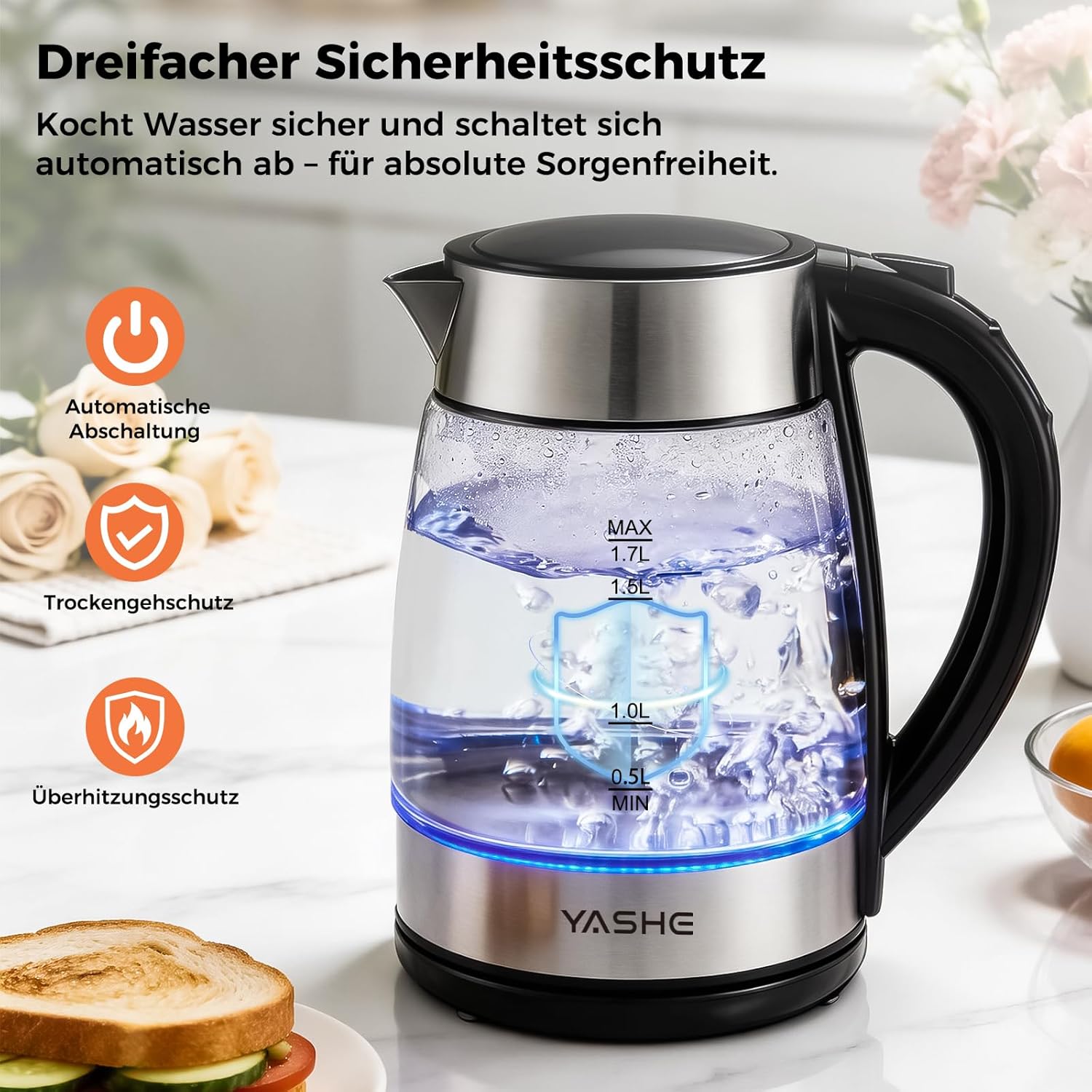 Wasserkocher mit Temperatureinstellung 1,7L 2200W Glas | 5 Temperaturstufen, 5 Farben LED, 30 Min Warmhaltefunktion, Kabellos, Kalkfilter, Abschaltautomatik