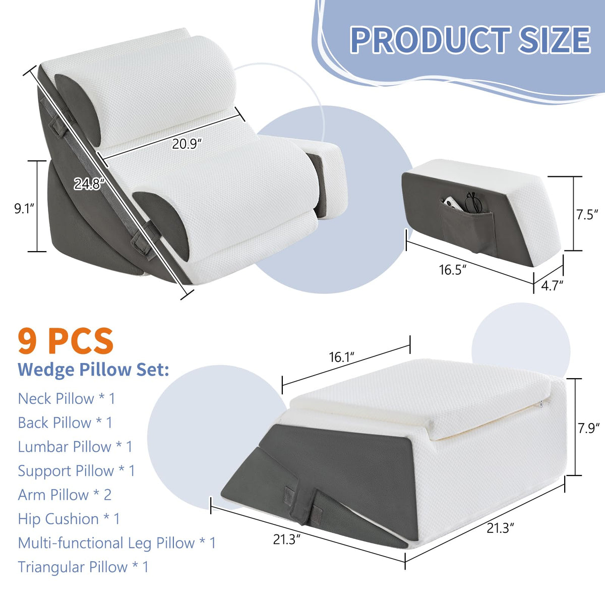 9PCS Orthopädische Bett Keil Kissen Set,Post Chirurgie Schaum Kissen für Körper,Rücken und Beine Schmerzlinderung,Justierbare Stützkissen mit Säure Reflux Bed Wedge Memory Foam Marineblau