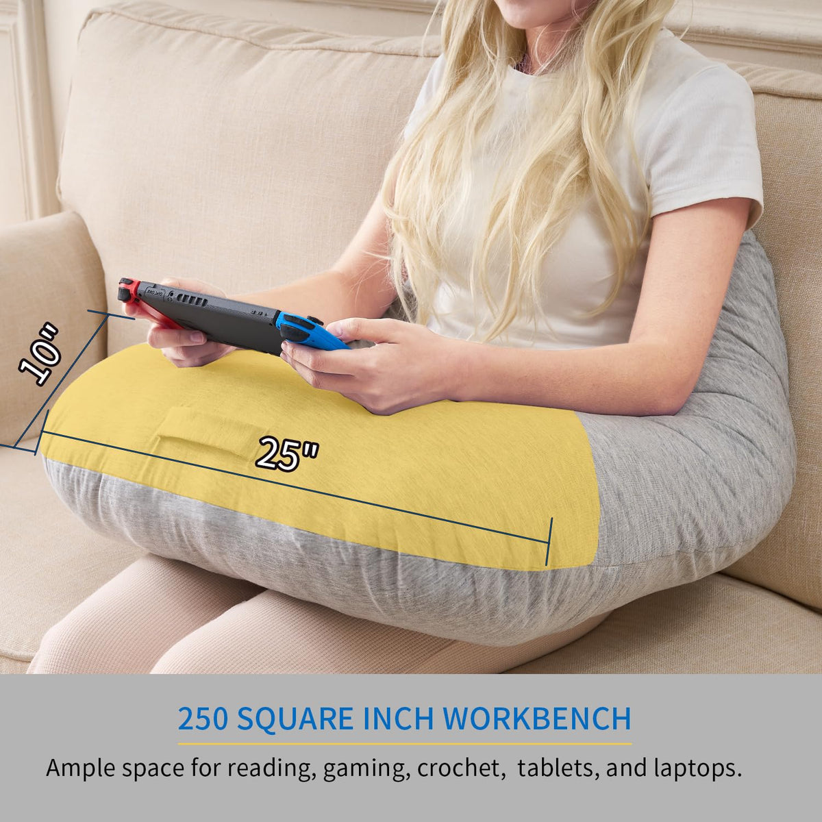 Lesekissen, ergonomische Armstütze zum Spielen, Häkeln, Laptop-Stützkissen zum Sitzen im Bett & Sofa, Haltungskorrektur-Kissen für den Schoß, Samtbezug waschbar (Soft Grau)