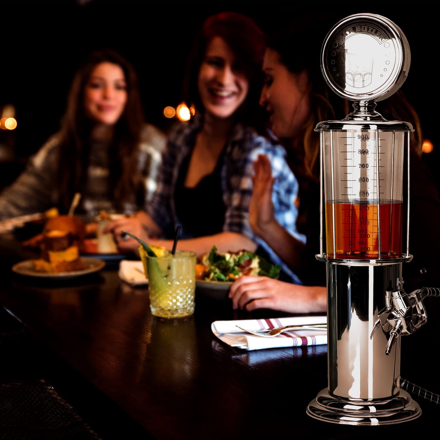 Retro Getränkespender im verchromten Nostalgie Design | Bar-Butler Zapfsäule mit Zapf-Schlauch für Party Getränke Dispenser Biertower Bierspender Zapfanlage Biersäule Schanksäule | Party Gadgets