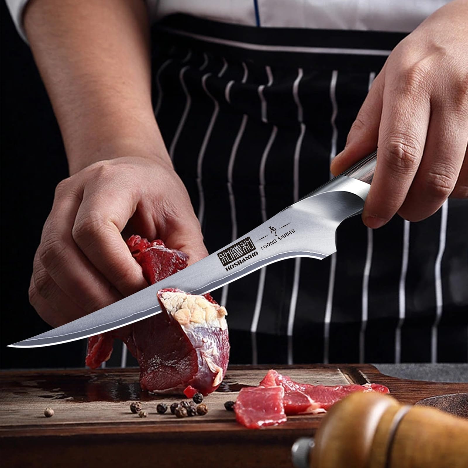 Professionelles Fisch-, Knochenmesser- und Füllküchenmesser mit ultrascharfe ergonomischem Pakkaholzgriff, 18 cm