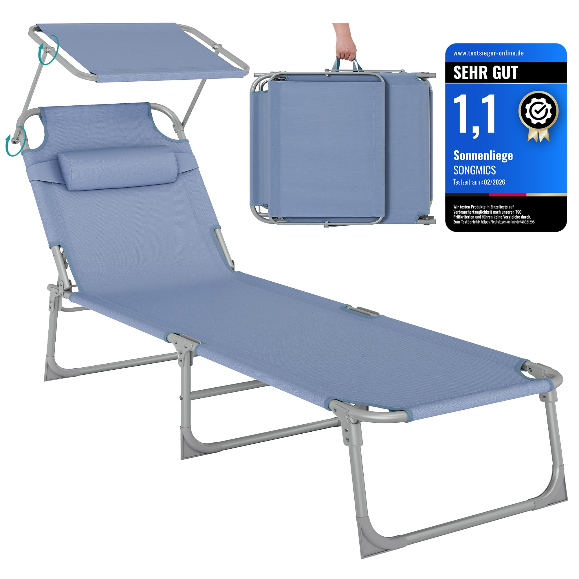 Sonnenliege, klappbarer Liegestuhl, 193 x 53 x 29 cm, trägt bis zu 150 kg, Sonnenschutz, Kopfkissen, verstellbare Rückenlehne, für Garten, Pool, Terrasse