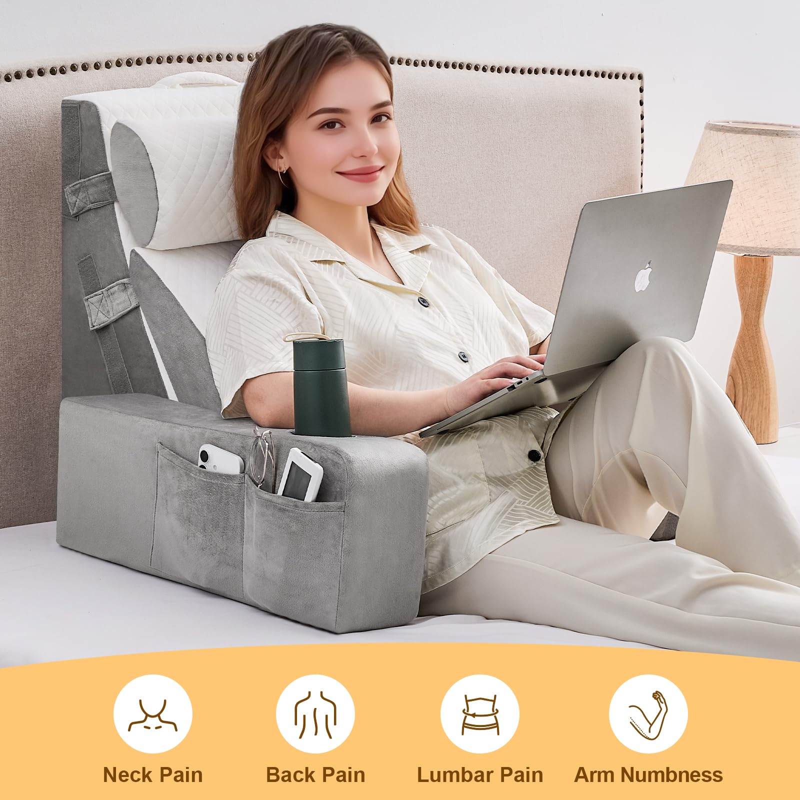 Lesekissen für Bett und Sofa,Bücherkissen mit Abnehmbarer Nackenrolle & Armlehne,Rückenkissen Bett, Wandkissen Multifunktions-Keilkissen zum Lesen, Arbeiten,Bed Wedge Pillow