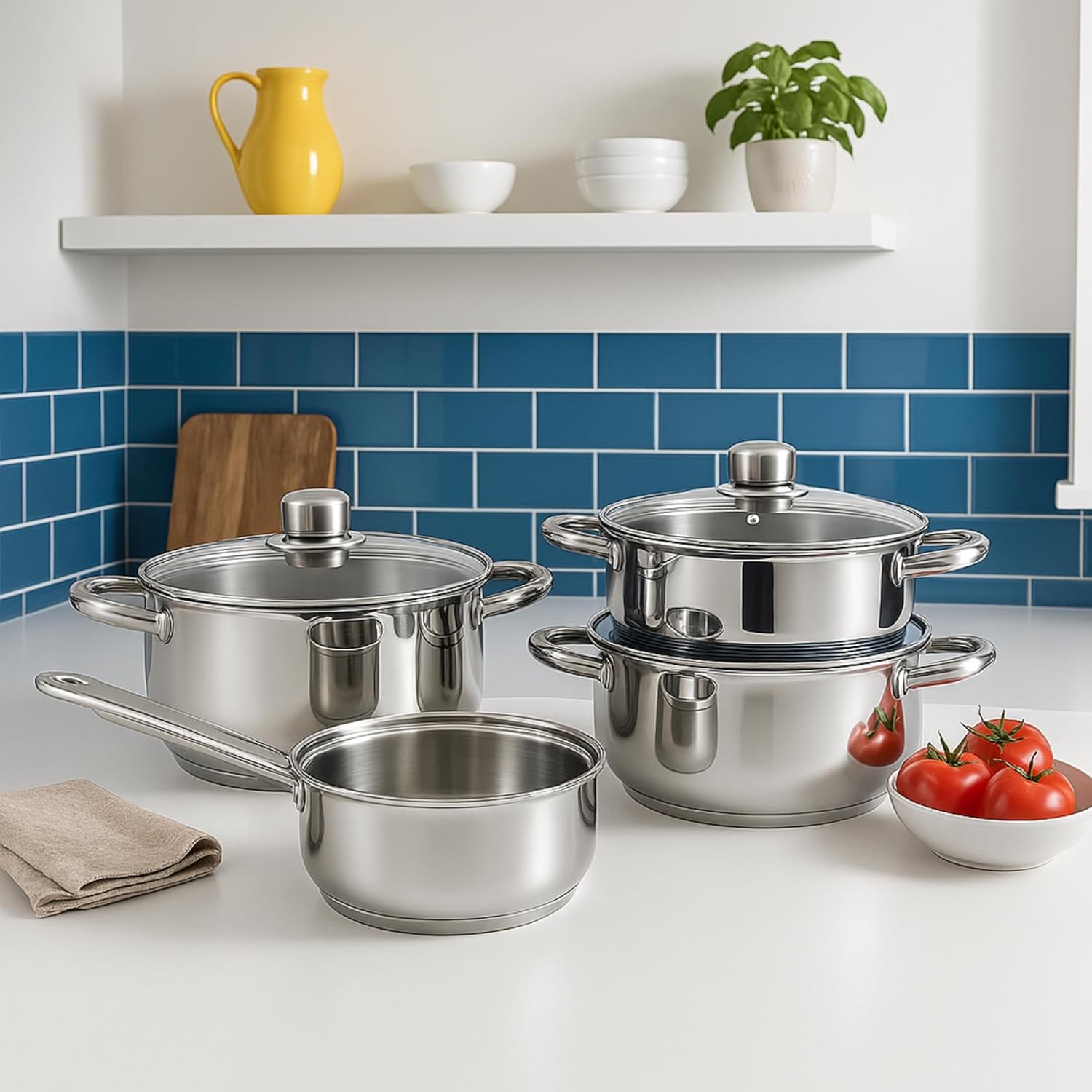 Kochgeschirr-Set, 7-teilig, aus Edelstahl, Ø 20 cm und Ø 24 x 5 cm, induktionsgeeignet, ohne Antihaftbeschichtung