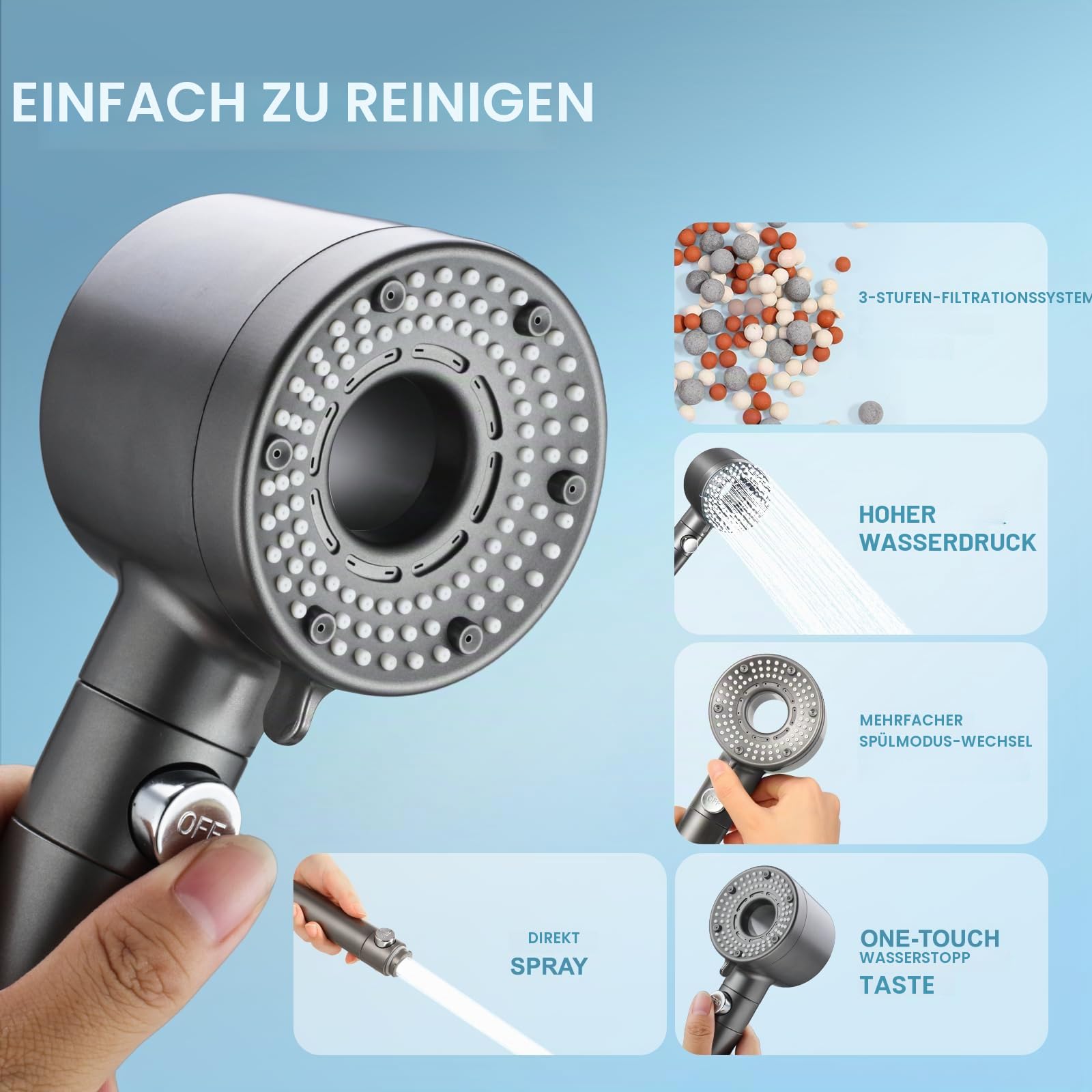Duschkopf mit Schlauch 1,5 m, 5 Strahlarten und 3 Filtern