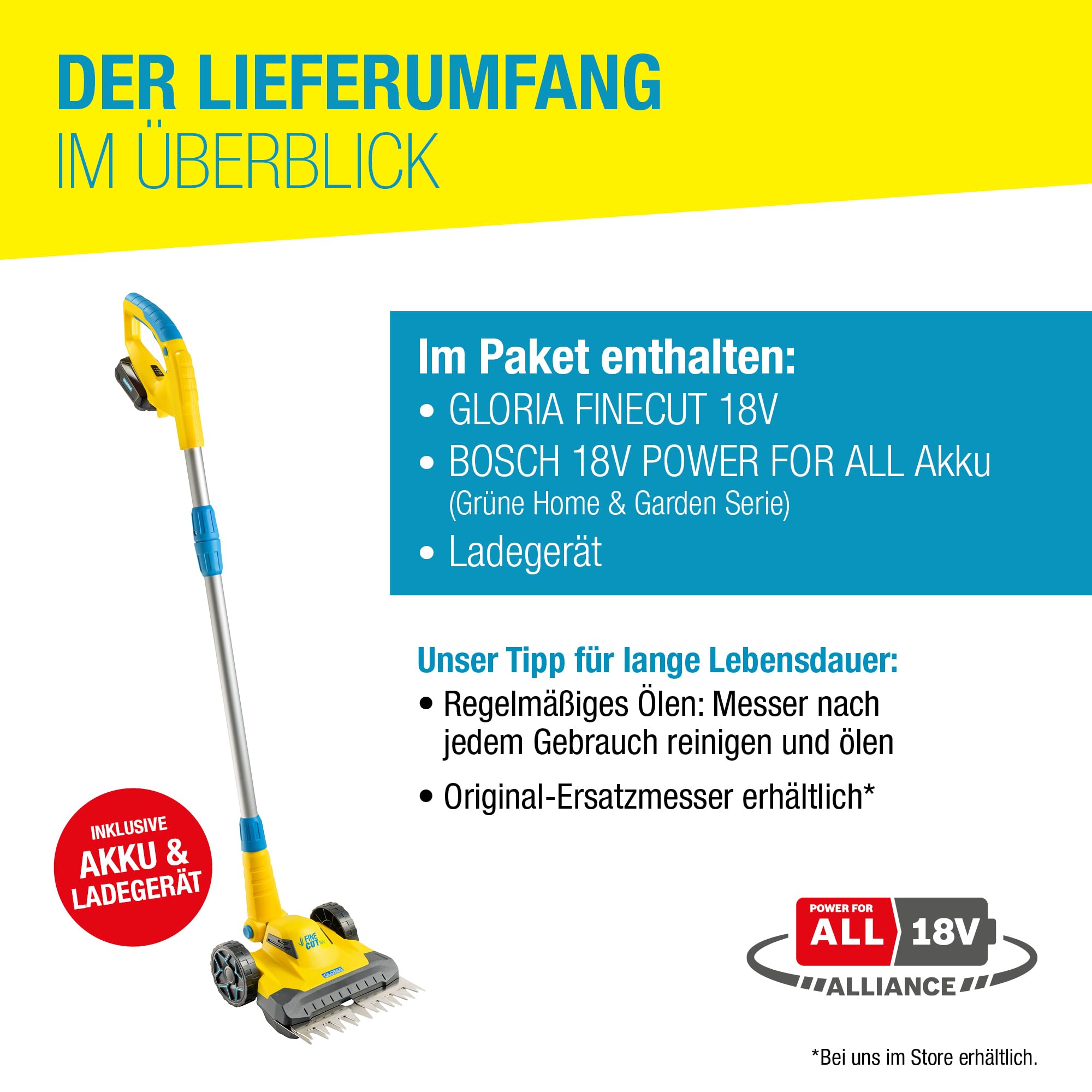 Rasentrimmer & Kantenschneider FineCut Varianten 18V Set | 25 cm Schnittbreite fĂŒr Rasenkanten & kleine GĂ€rten | inkl. Bosch Akku & LadegerĂ€t | Ideal als ErgĂ€nzung zum MĂ€hroboter, Gelb und Blau, Auswahl Varianten