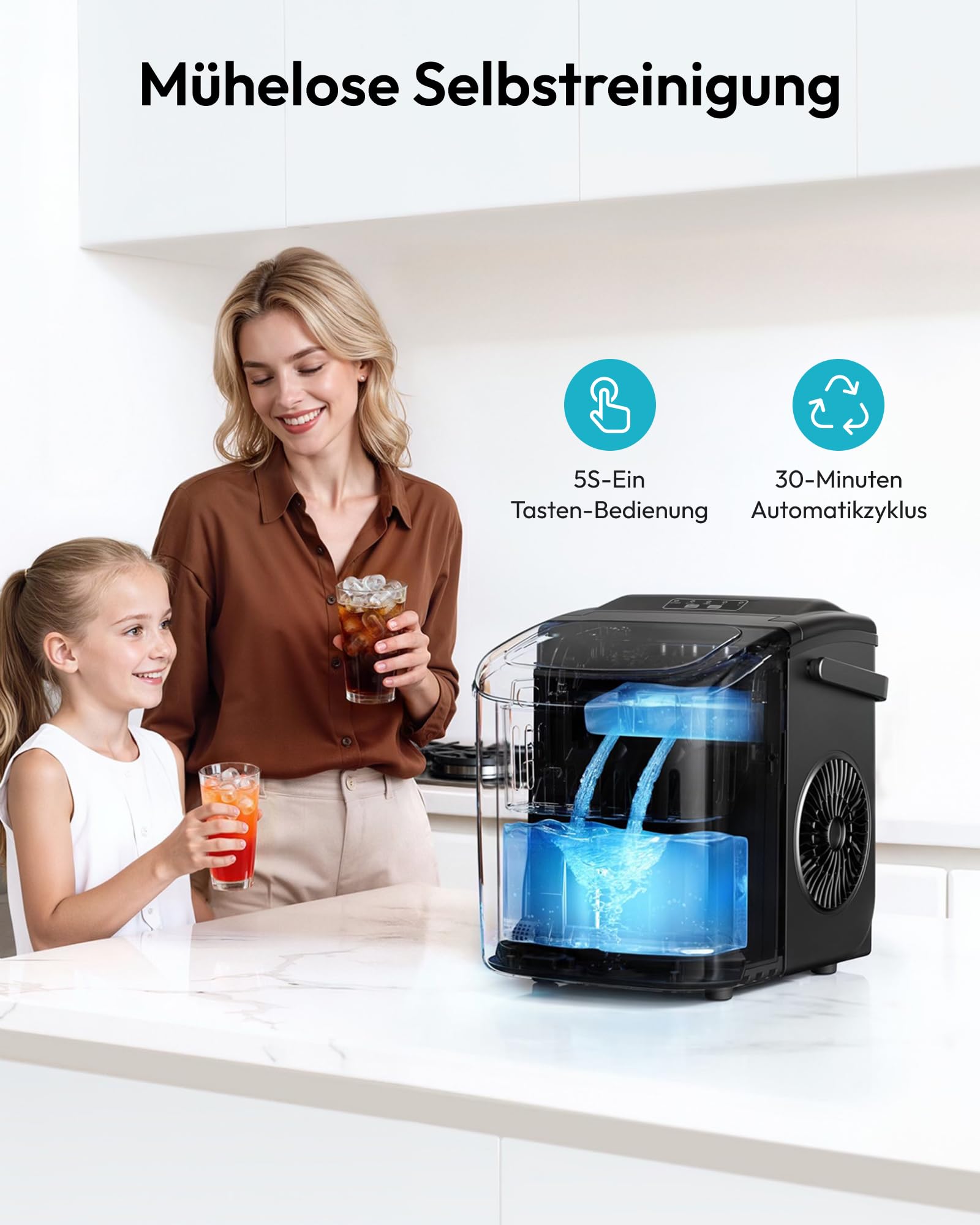 Eiswürfelmaschine Klein, 9 Eiswürfel in 6 Minuten, 12 kg/24H, Eiswürfelmaschine Edelstahl mit Tragbarem Griff, Selbstreinigender Kompakter Eiswürfelmaschinen für Zuhause/Küche/Büro/Bar