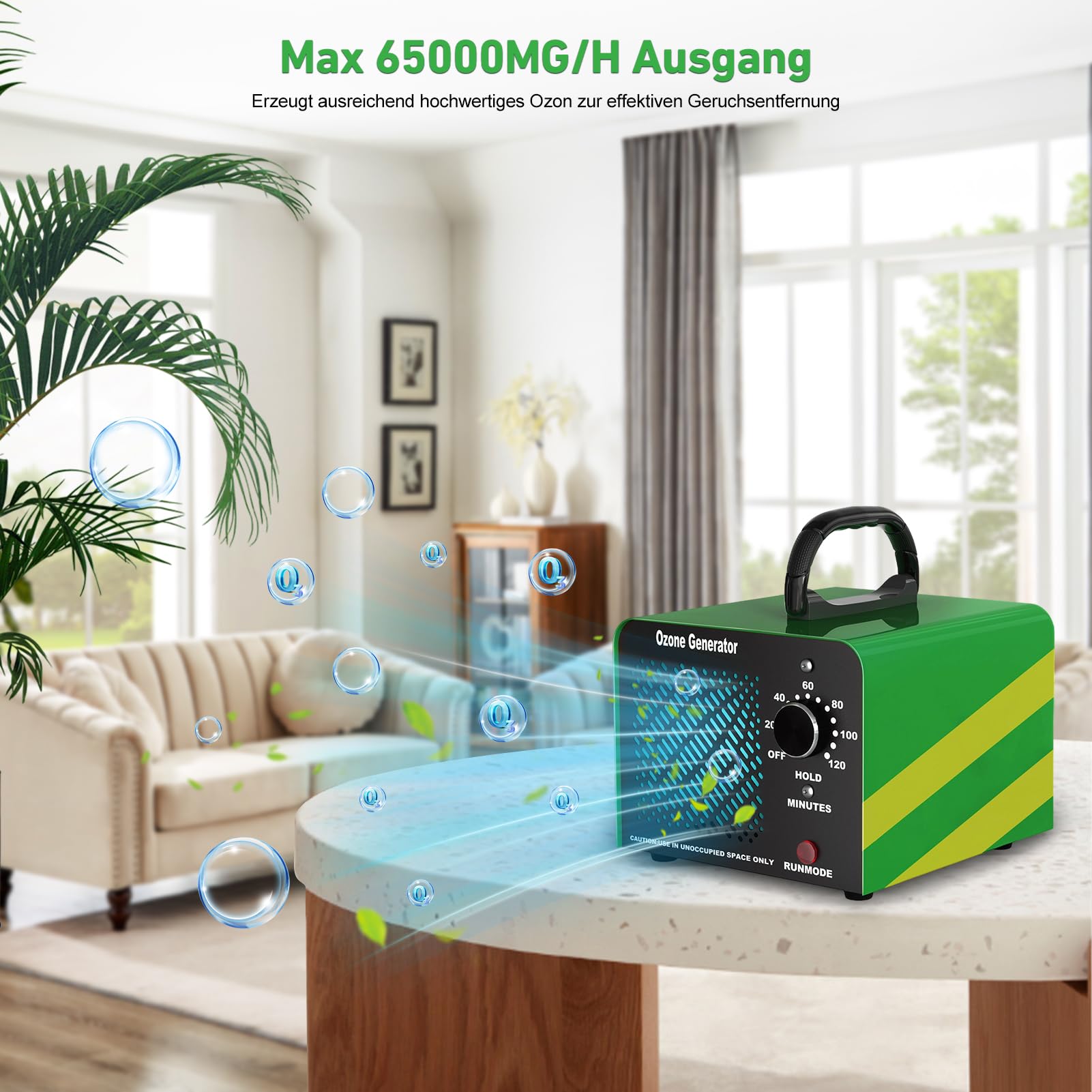 Ozongenerator O3 65000 mg/h, Ozongenerator für Autos, Industrie-Ozon-Geräteheim mit 120-Minuten-Timer, O3-Ozoniser bis 300 m2, Ozongenerator für Garagen, Haustiere, Küche, Handel, Hotels