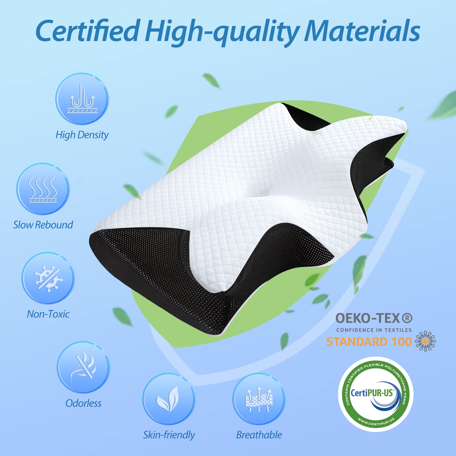 2 in 1 Ergonomisches Nackenkissen OrthopĂ€disches Kopfkissen Memory Foam Kissen fĂŒr RĂŒcken-, Seiten- und BauchschlĂ€fer, 60x40x12/14cm