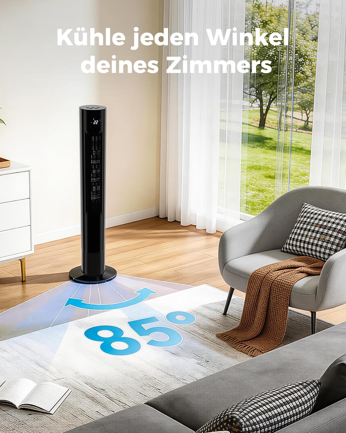Turmventilator mit Fernbedienung, 85°-Oszillation, leiser Standventilator (28 dB), 3 Geschwindigkeitsstufen, 2 Modi, 12-Stunden-Timer, LED-Anzeige, für Schlafzimmer, Büro und Zuhause
