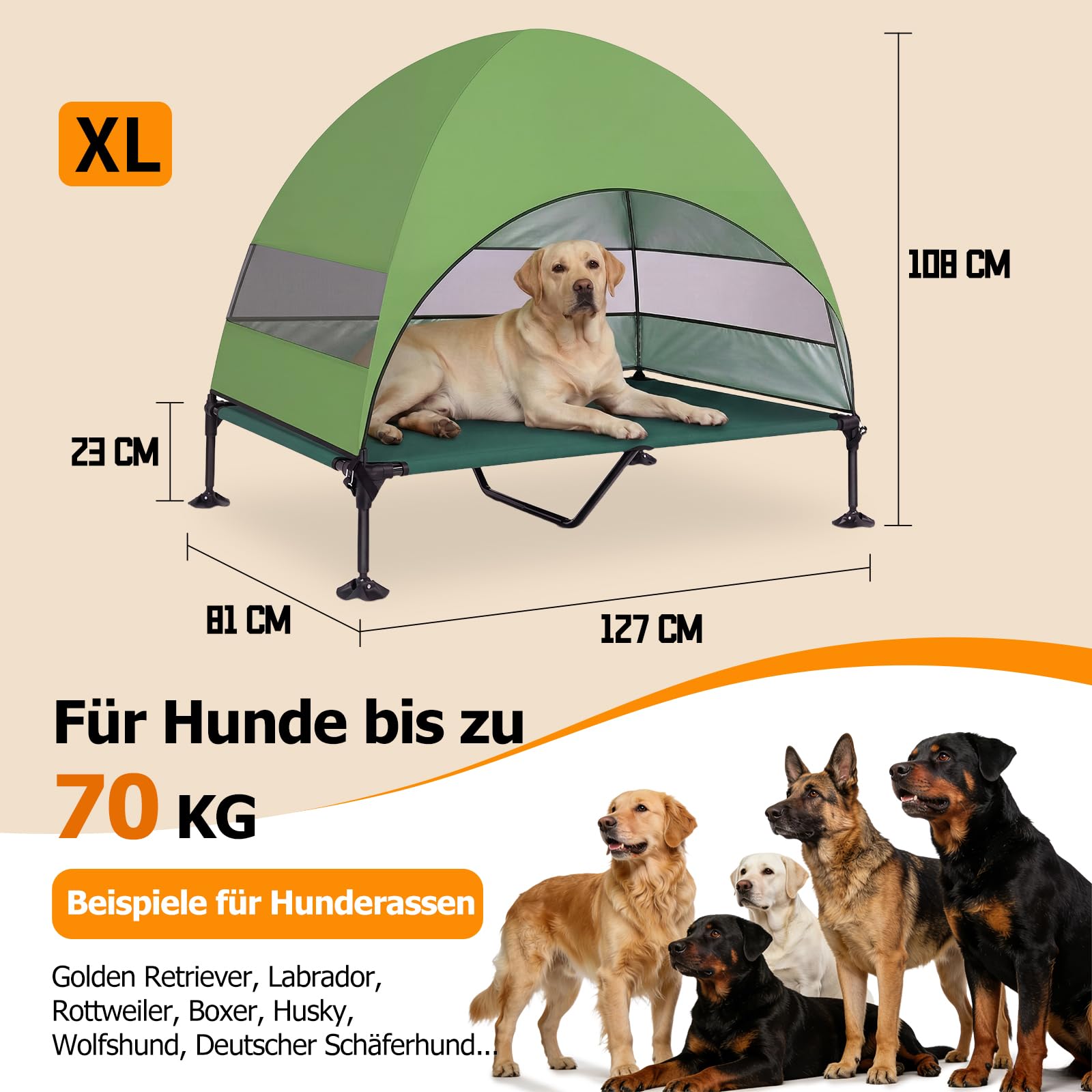 Erhöhtes Hundebett Outdoor mit UV-beständiges Dach,Hundeliege Klappbar mit Anti-Rutsch-Füßen, Hundezelt Outdoor mit Großem Schatten, Kühlendes ErhöHtes Hunde Bett für Camping, Garten & Pool (Grau, L)