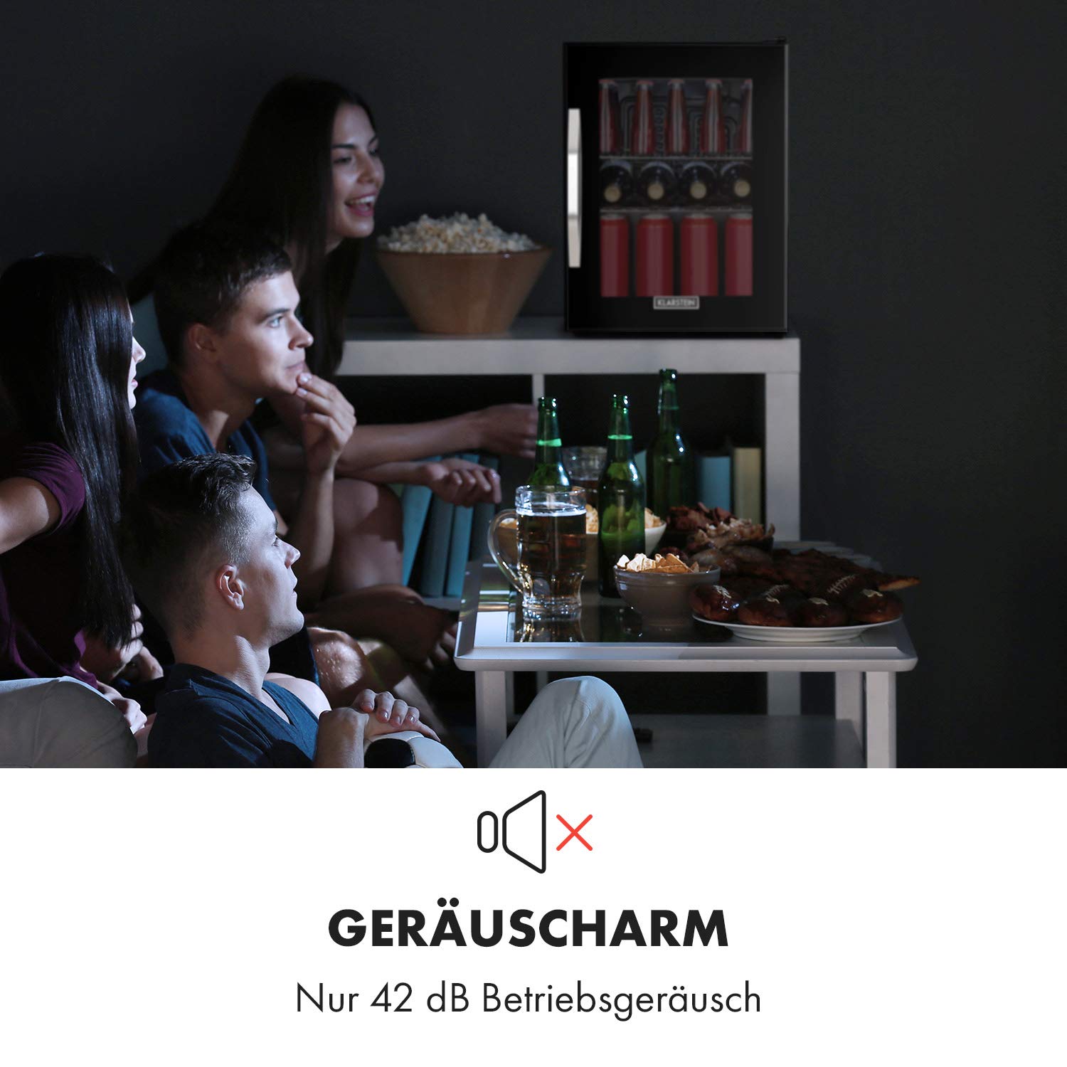 Getränkekühlschrank 33 L – Mini Kühlschrank mit Glastür, Silber-Schwarz | LED-Beleuchtung, herausnehmbare Metallablagen, leise, Flaschenkühlschrank für Getränke & Dosen
