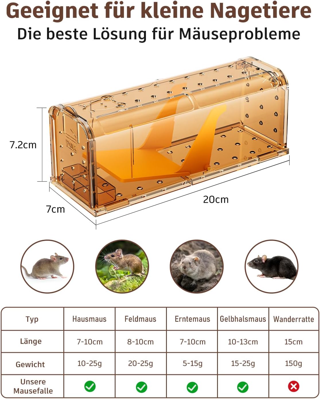 Mausefalle Lebend , Lebendfalle Maus, Wiederverwendbar, Tierfreundliche, Hochsensitive Quick Release, Kontakt mit Mäusen vermeiden - Gartenzubehör