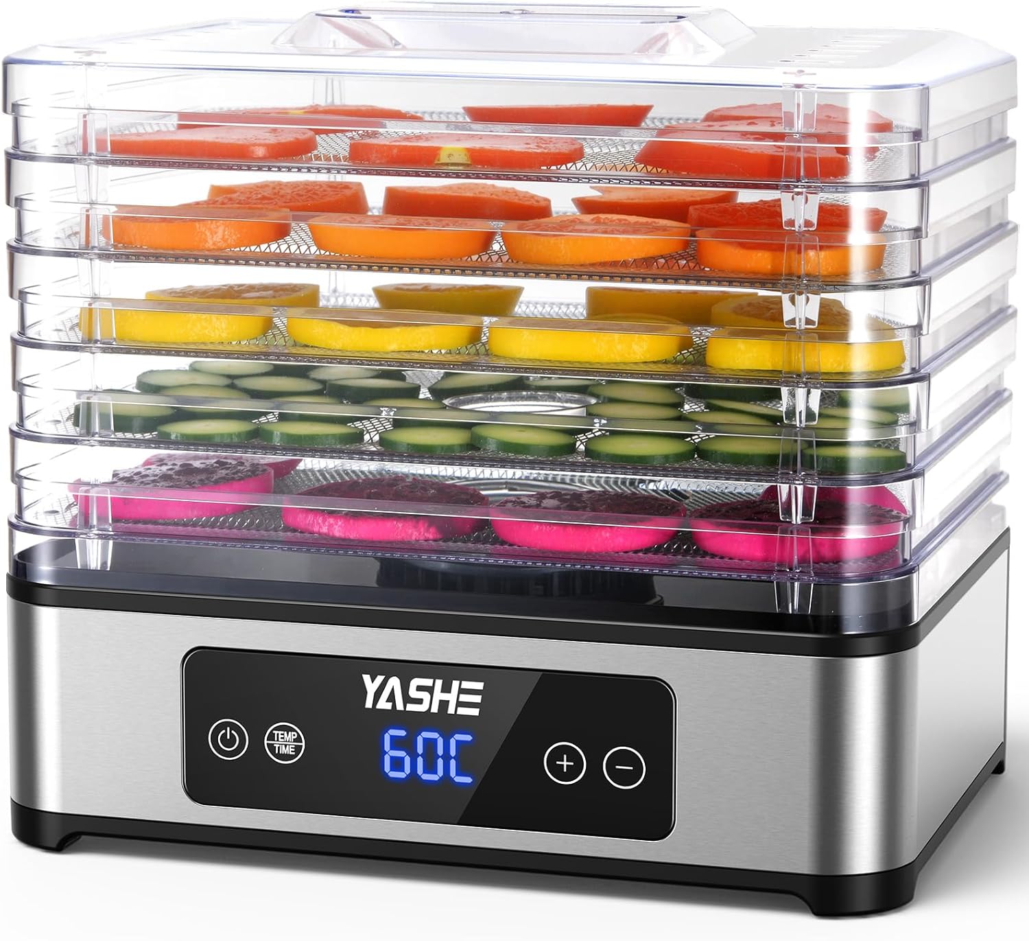 Dörrautomat, 5 Edelstahl-Dörrgitter, Einstellbarer Timer & Temperatur, 360° Luftzirkulation, BPA-frei, 400W Dörrgerät für Jerky, Früchte, Kräuter, Hundesnacks