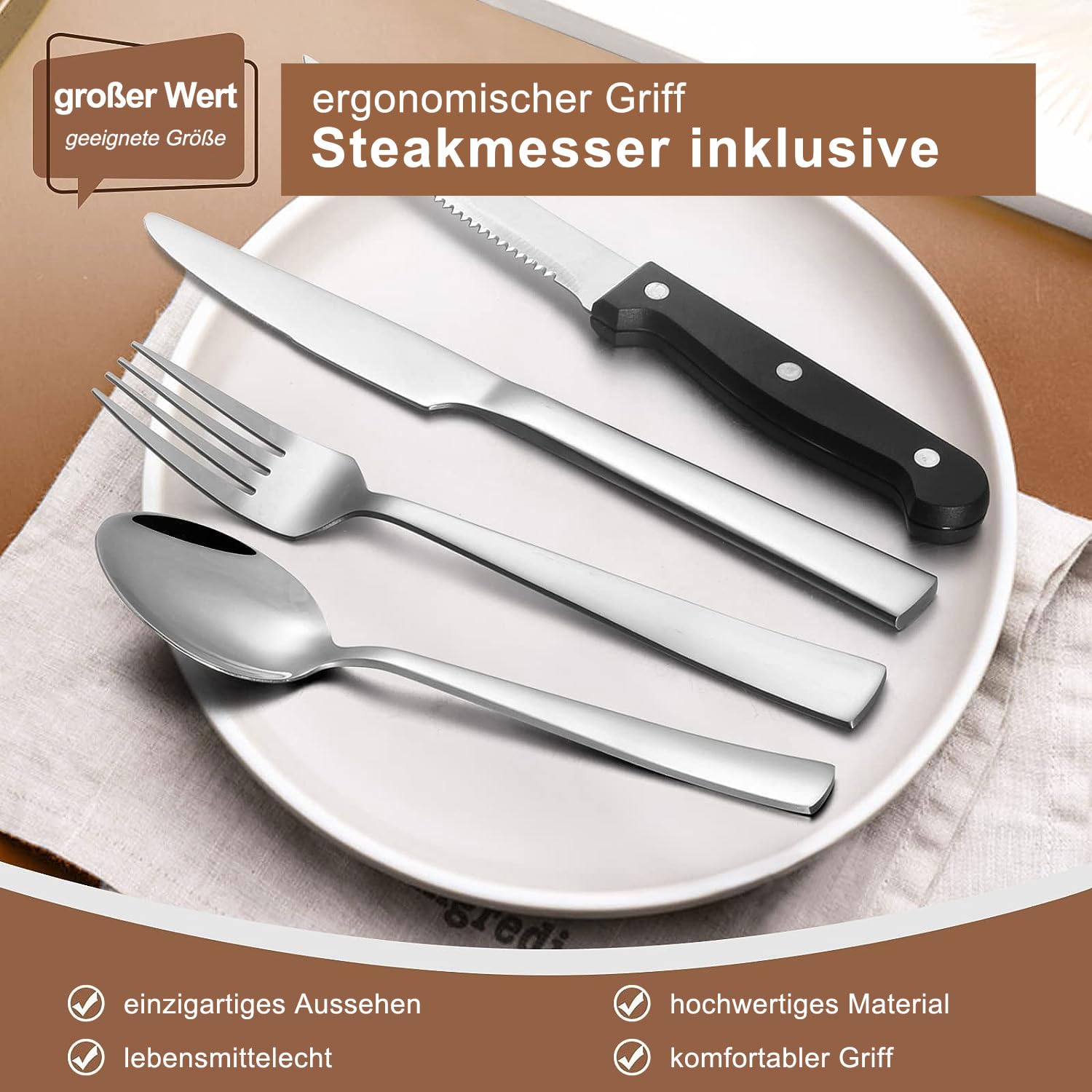 36-teiliges Besteckset aus Edelstahl mit Steakmesser, Besteckset für 6 Personen, elegantes Besteckset mit Messer, Gabel, Löffel, Besteck für Zuhause/Party/Restaurant, Geschirrspüler geeignet